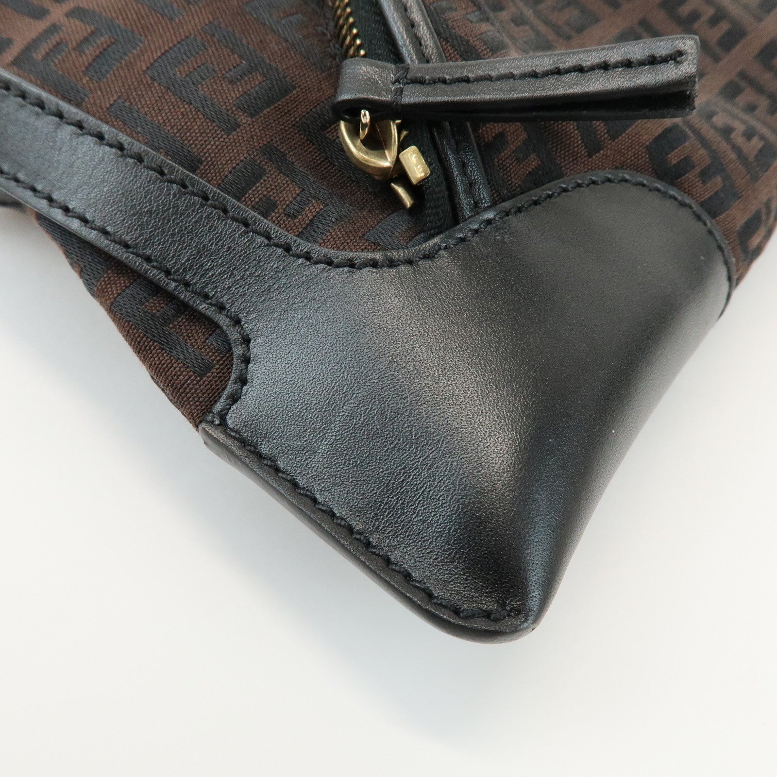 FENDI Zucchino Logo Canvas Leather Black Shoulder Bag Brown 8BR464