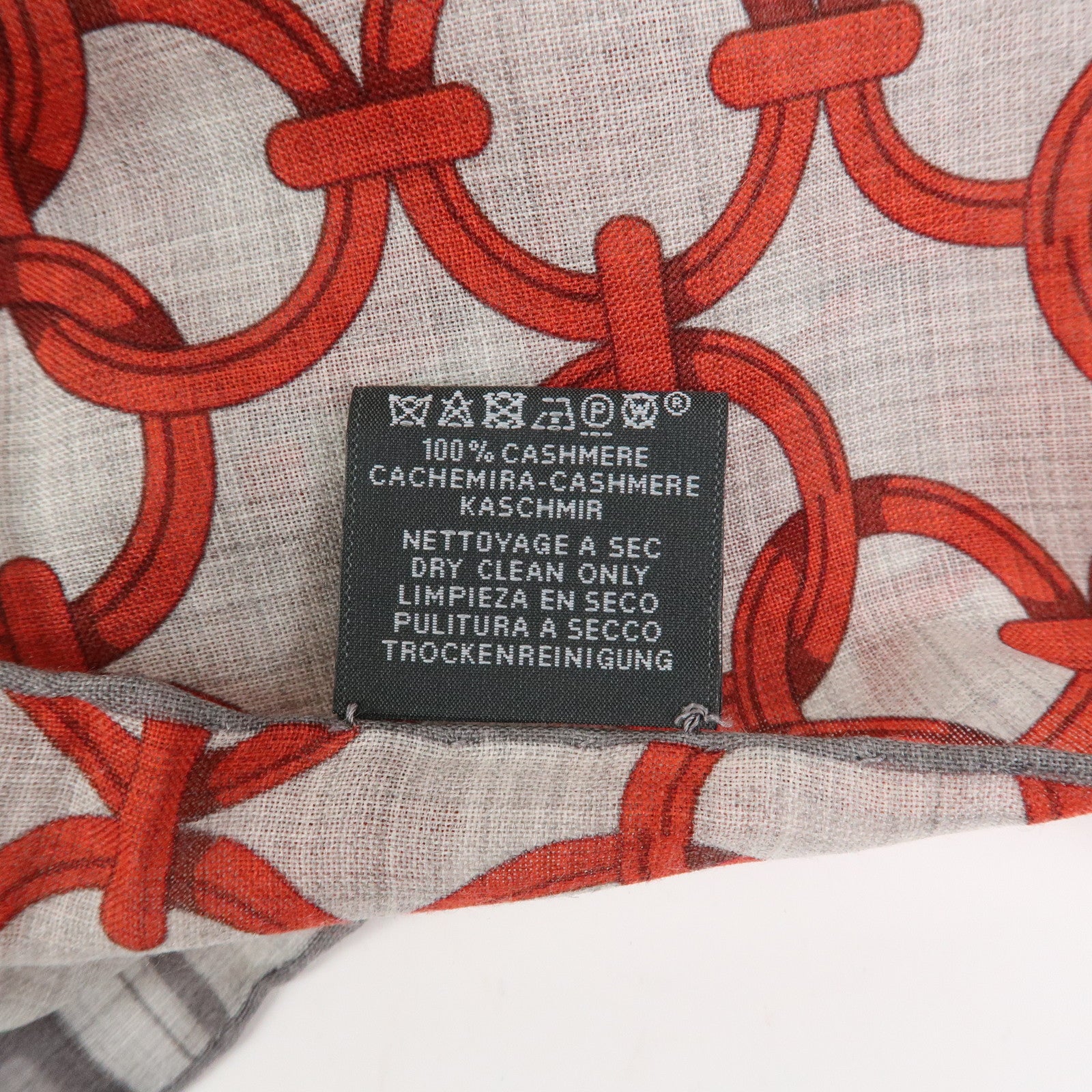 HERMES Rectangle Scarf Maillon et Chテェne Cashmere 100% Gray Red