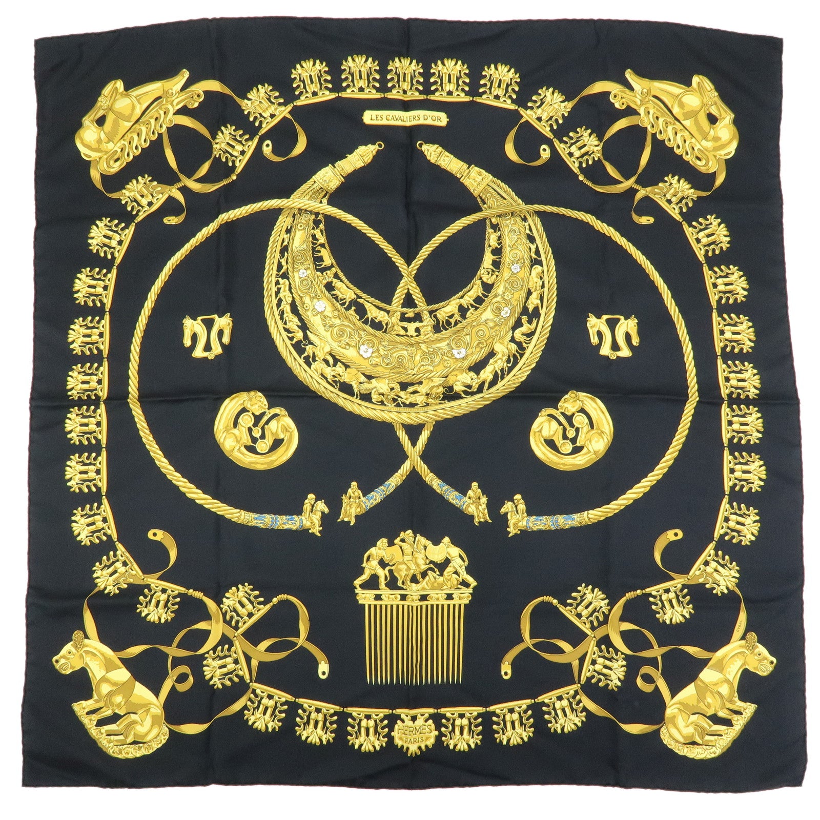 HERMES Carre 90 Silk 100% Scarf LES CAVALIERS D'OR Black Gold
