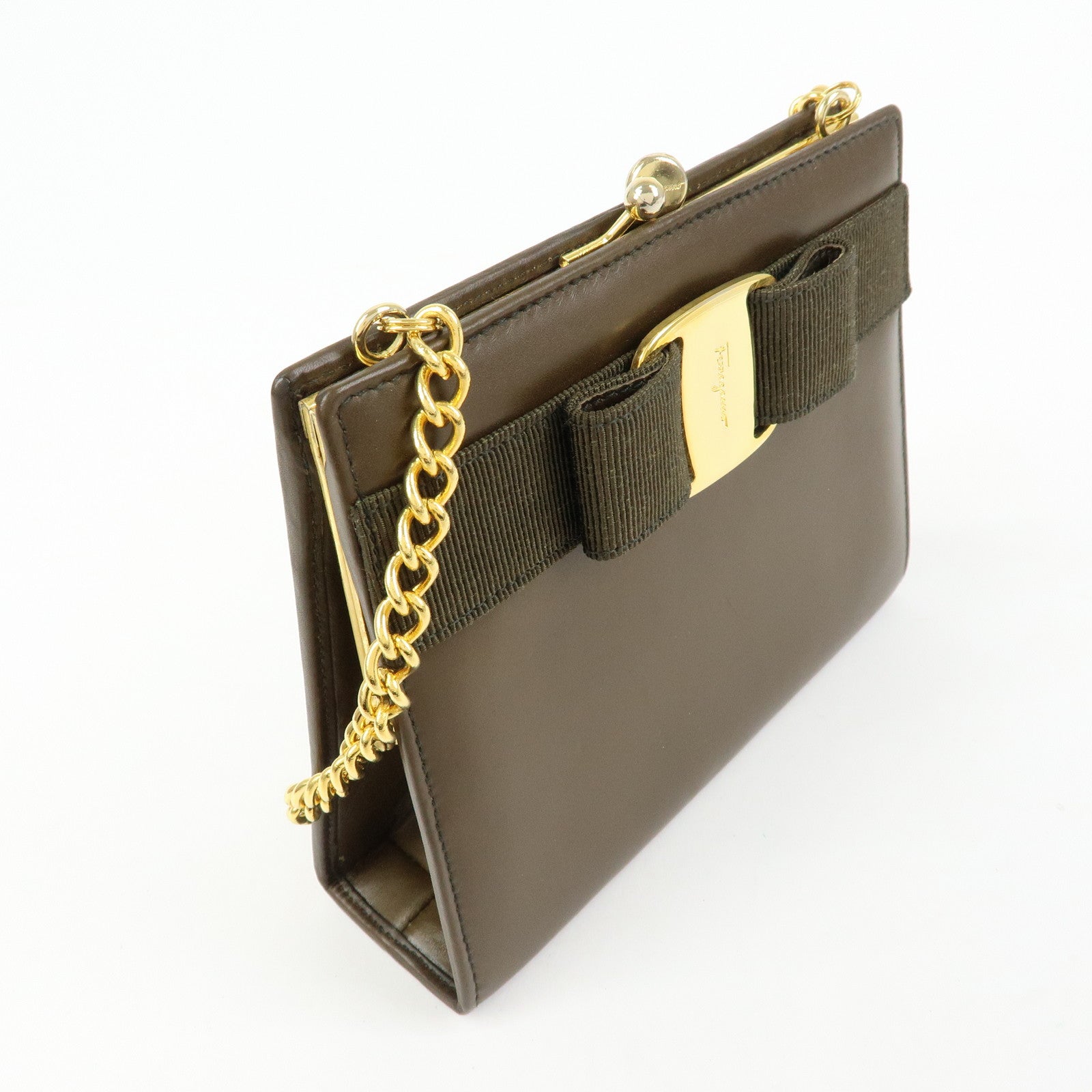 Ferragamo Vara Ribbon Leather Chain Mini Shoulder Bag Brown