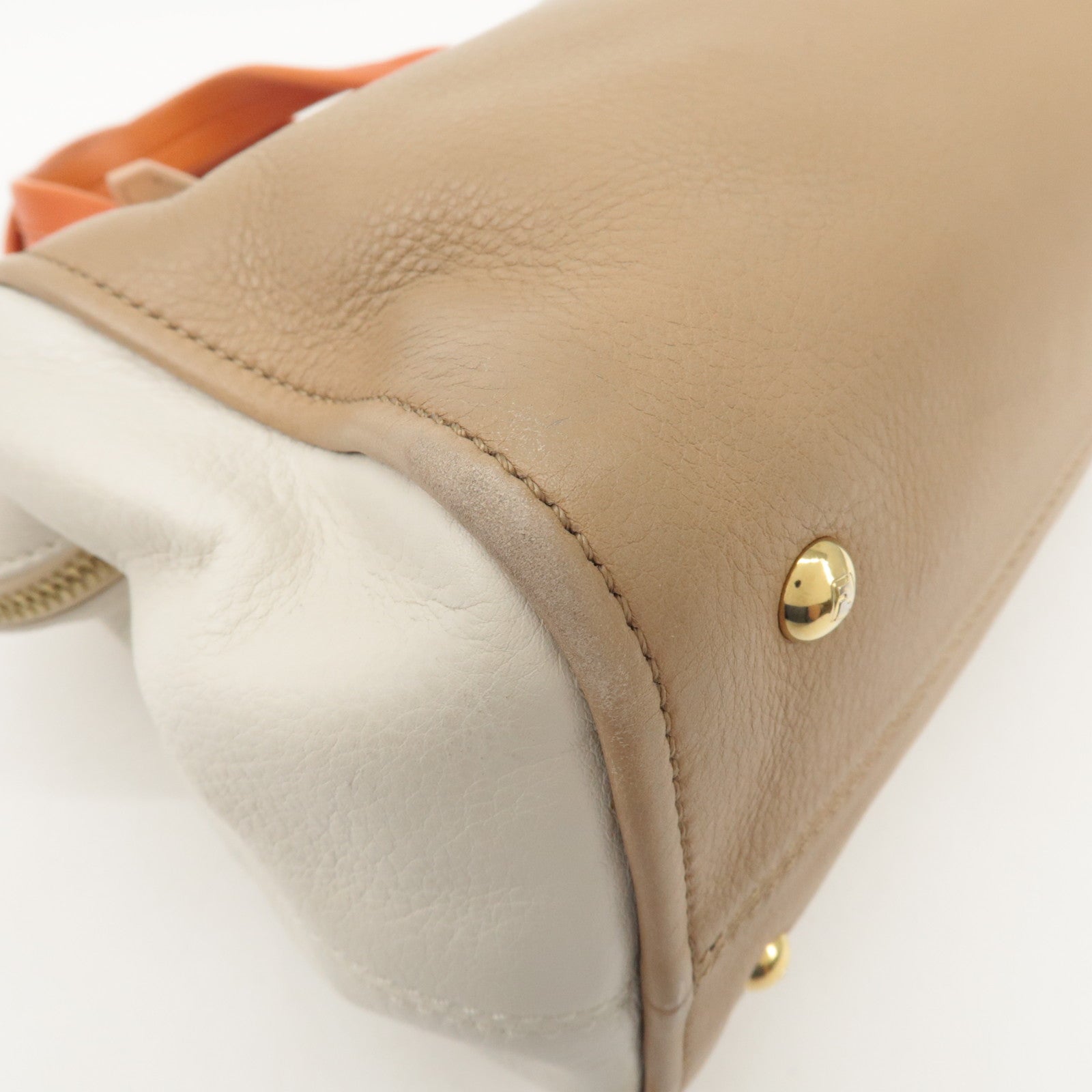 FENDI Cameleon Leather 2Way Shoulder Bag Orange Beige Ivory 8BL114 Used