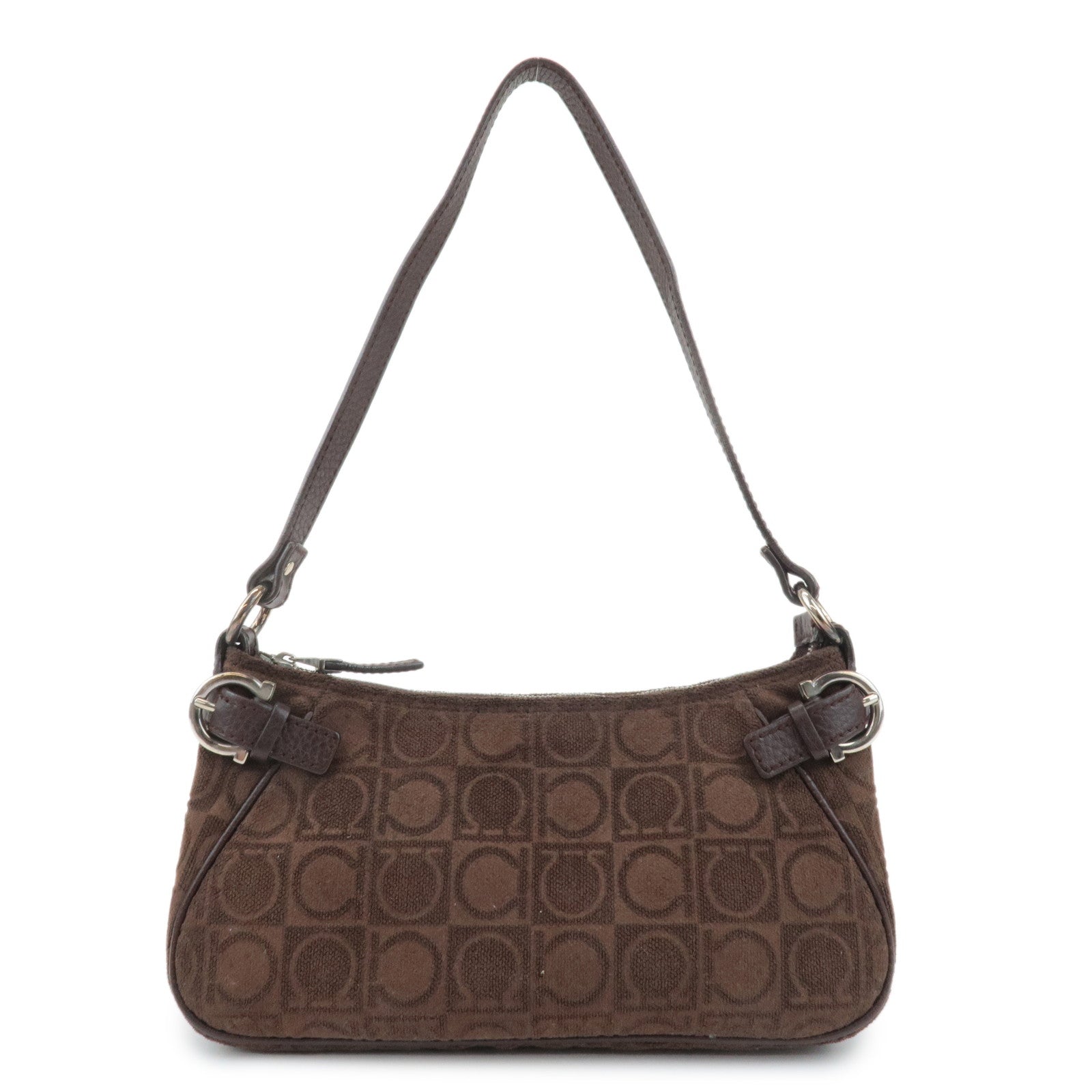 Ferragamo Gancini Leather Cotton Accessoires Pouch Hand Bag Brown Used