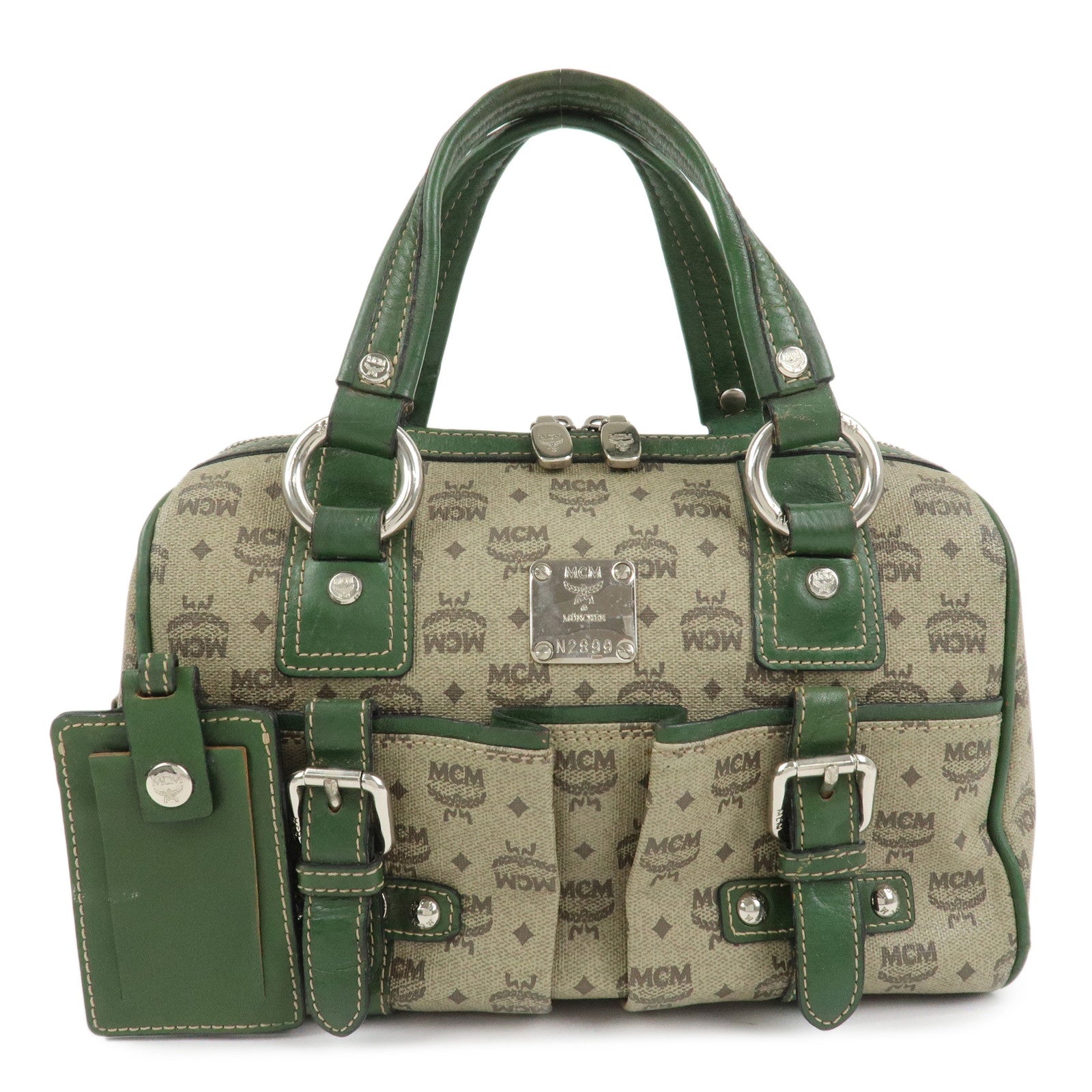 MCM Visetos PVC Coating Canvas Leather Boston Bag Beige Green