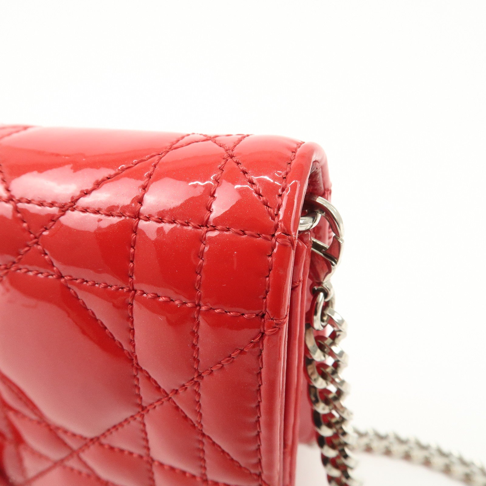 Christian Dior Cannage Patent Leather Chain Shoulder Bag COW Red Used