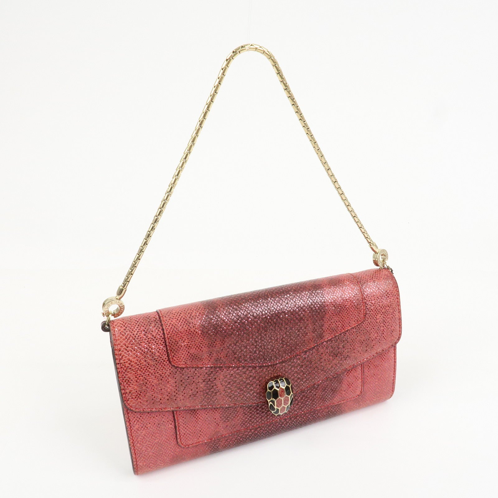 BVLGARI Serpenti Chain Strap Long Wallet Python Embossed Pink