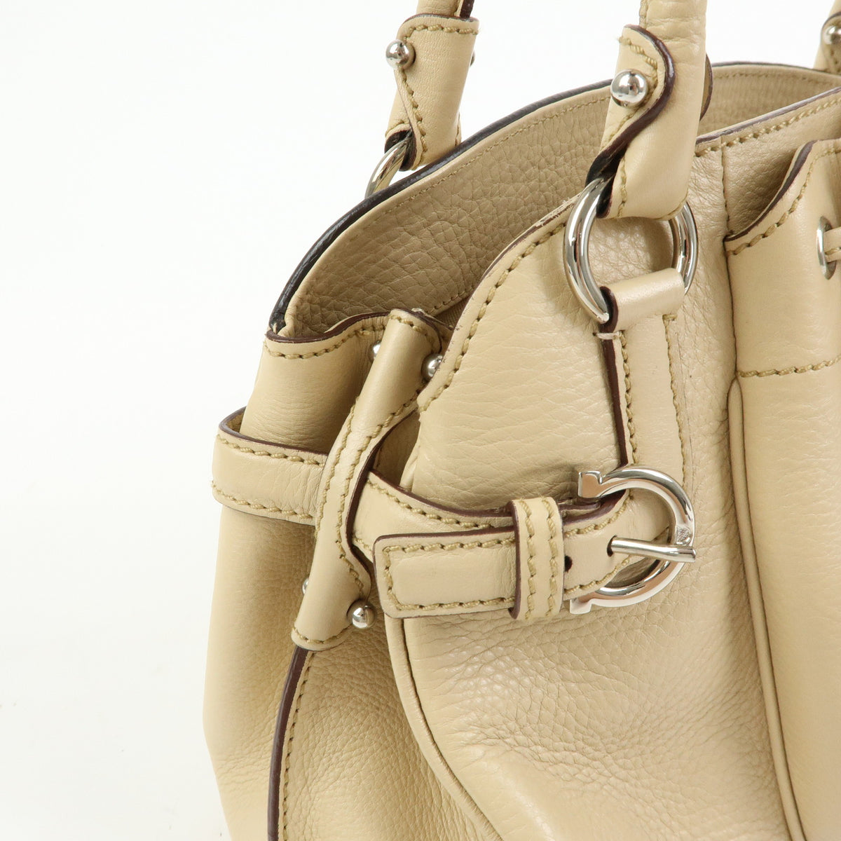 Ferragamo Gancini Leather Drawstring Shoulder Bag Hand Bag Beige