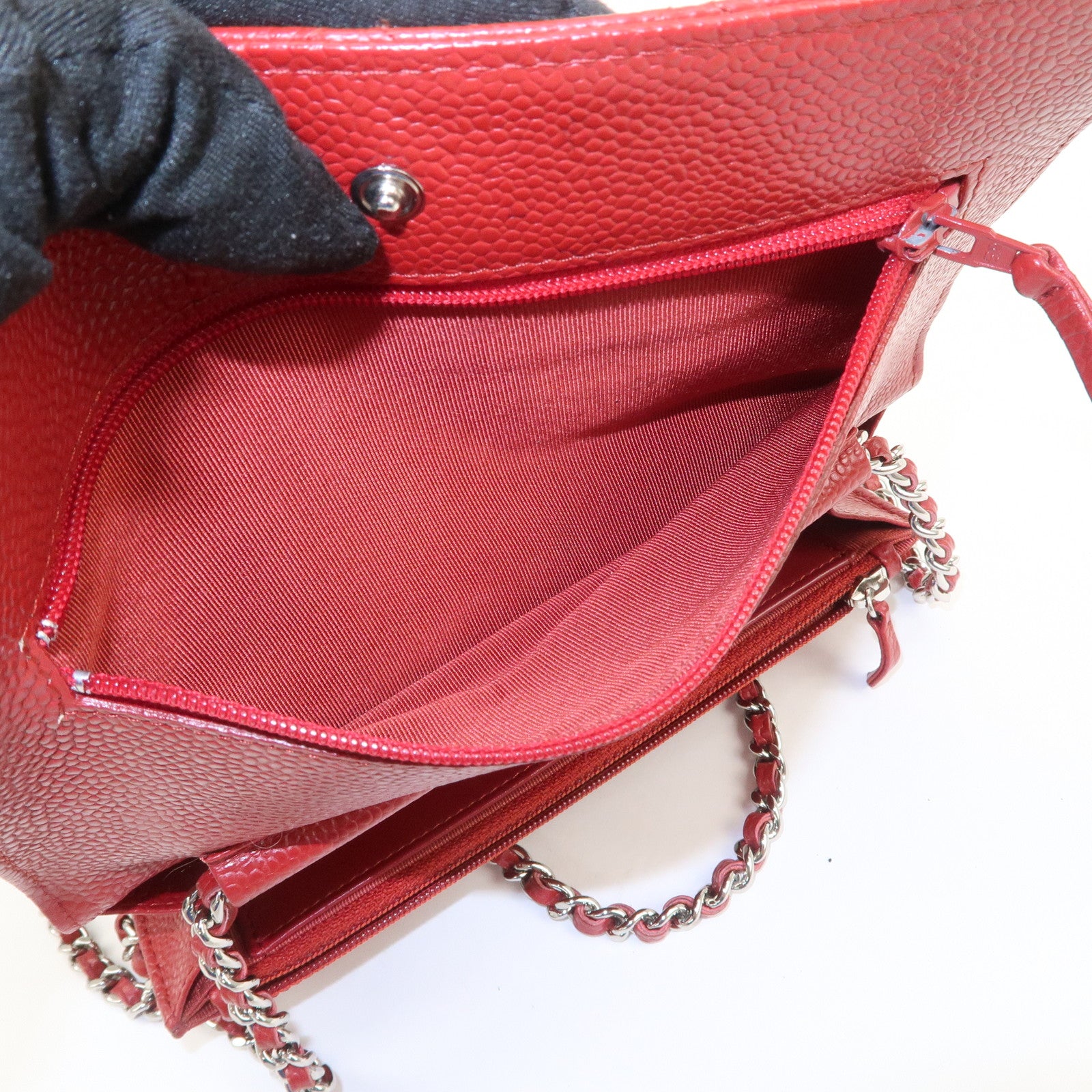 CHANEL Matelasse COCO Mark Caviarskin Chain Wallet Red A33814