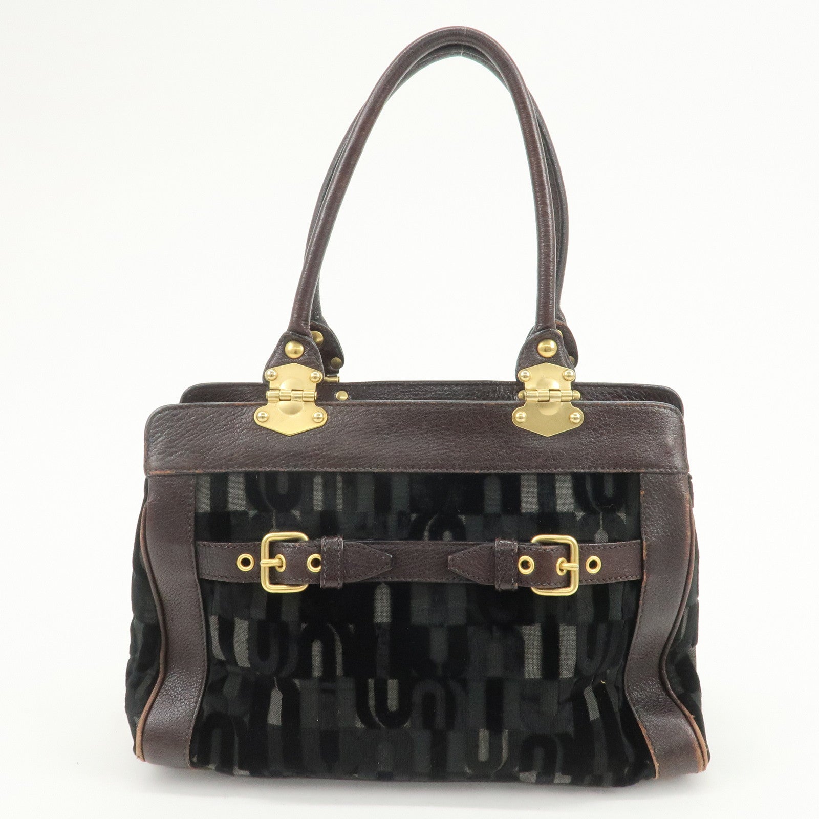 MIU MIU Logo Velour Leather Shoulder Bag Black Brown