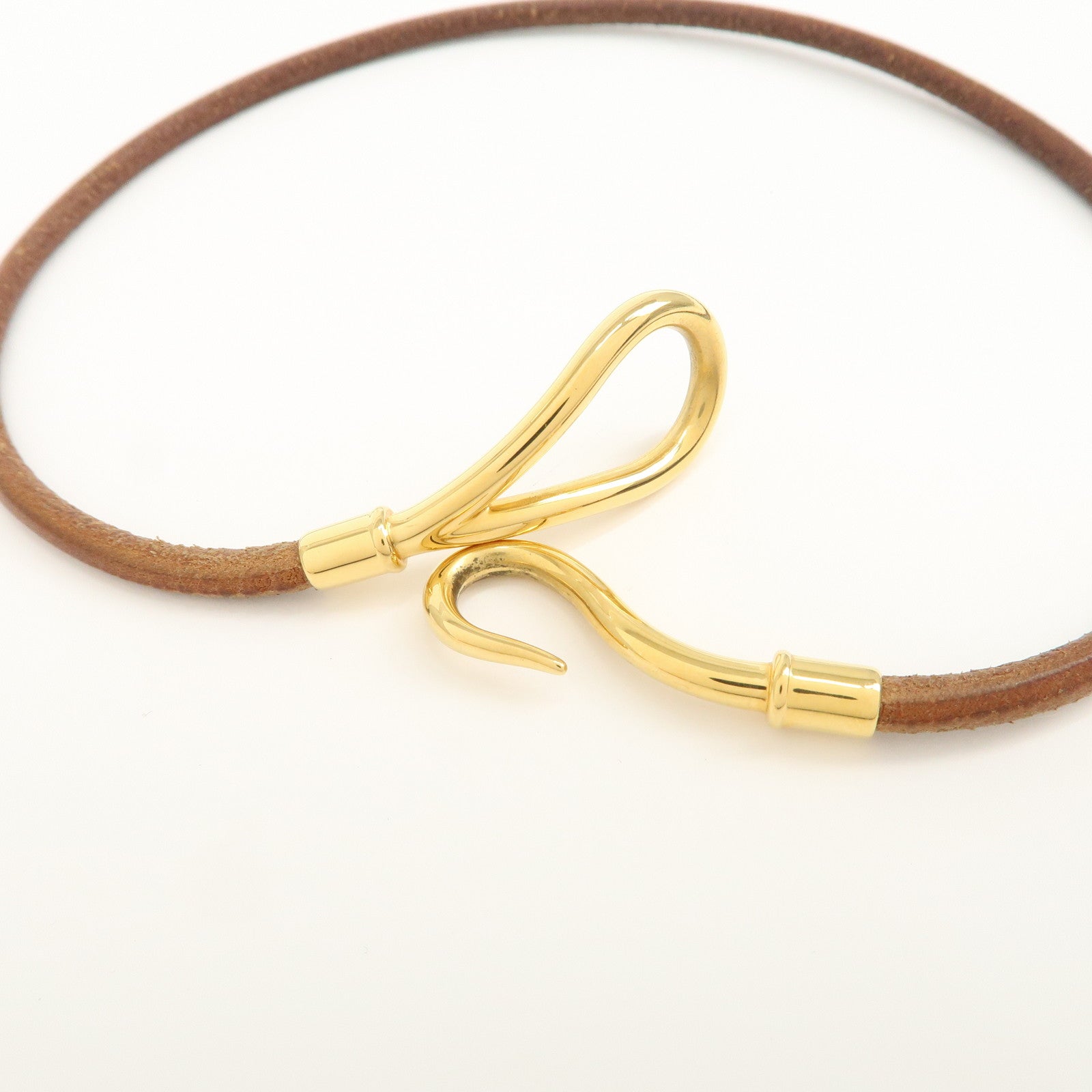 HERMES Logo Leather Jumbo Choker Bracelet Brown
