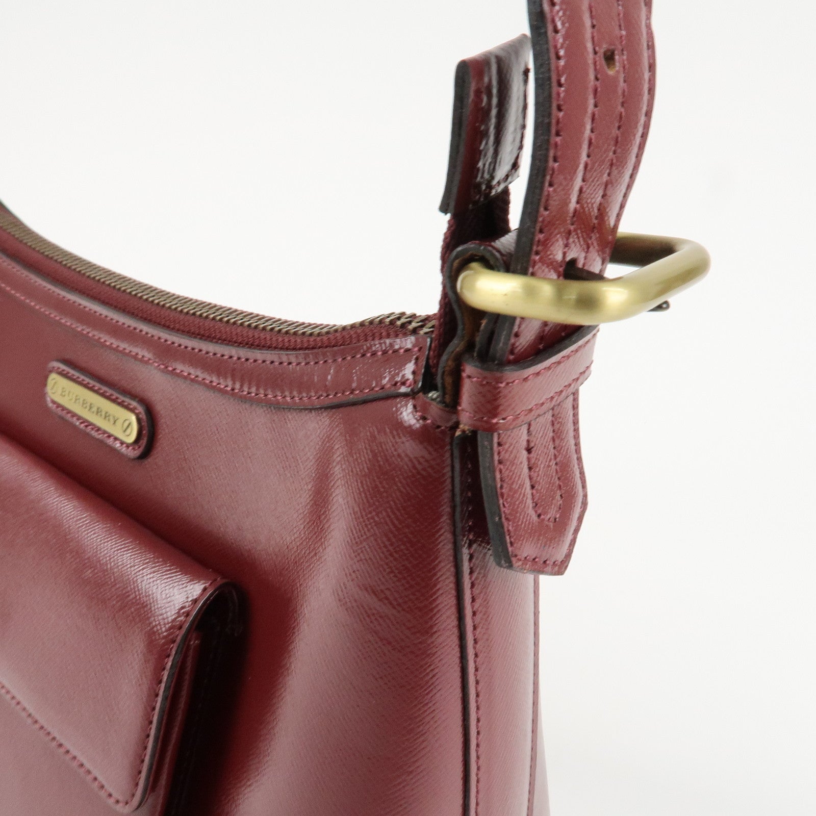 BURBERRY Logo Leather Shoulder Bag Hand Bag Bordeaux Gold Hardware Used