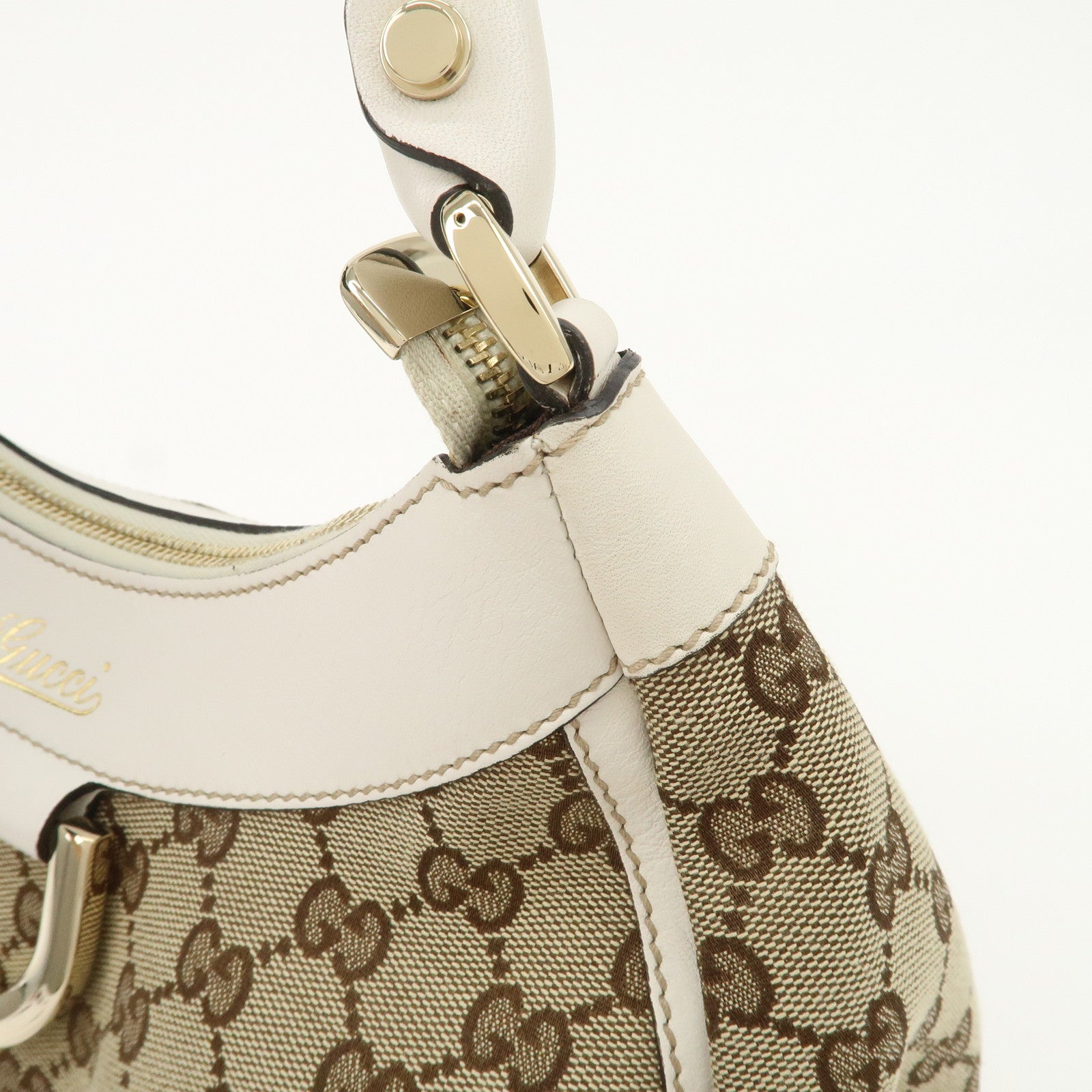 GUCCI Abbey Leather GG Canvas Shoulder Bag Beige White 190525