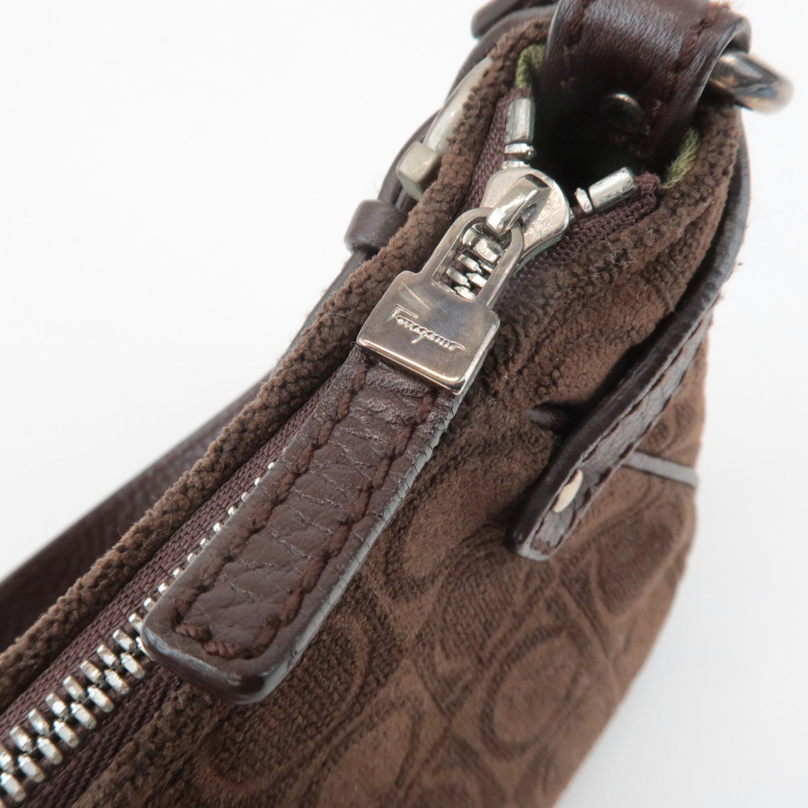 Ferragamo Gancini Leather Cotton Accessoires Pouch Hand Bag Brown Used