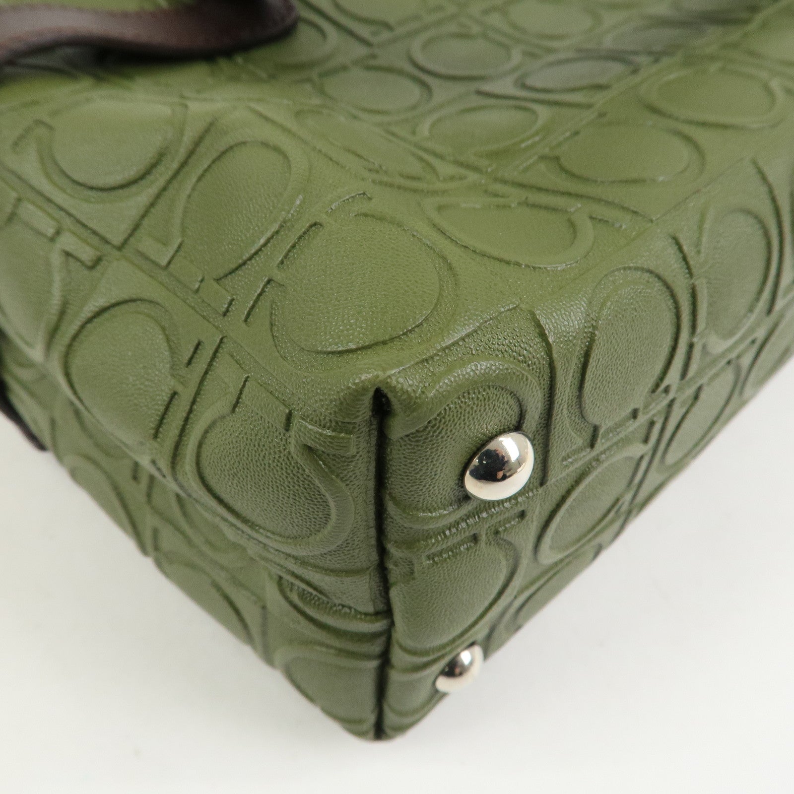 Ferragamo Gancini Embossed Leather 2Way Hand Shoulder Bag Green