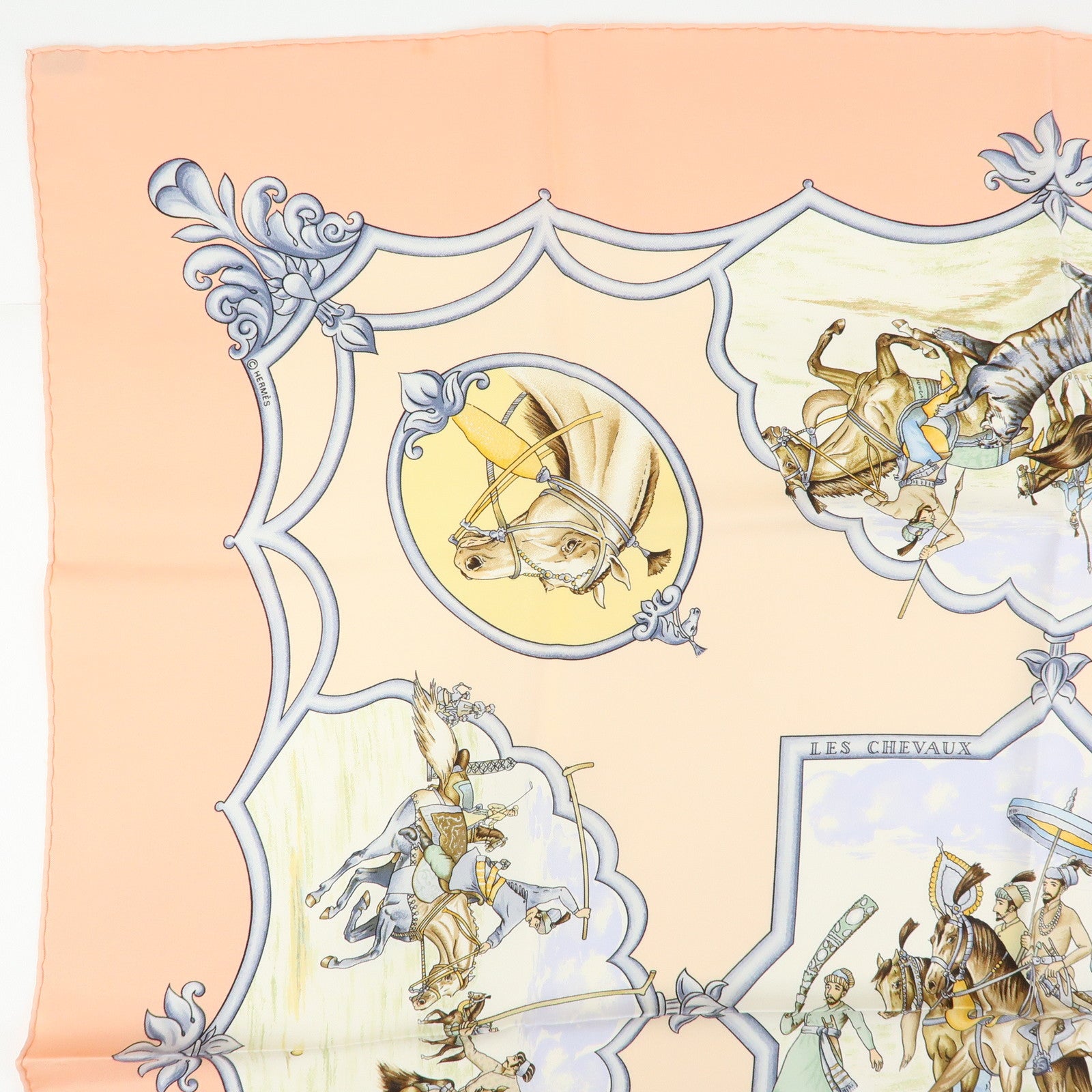 HERMES Carre 90 Silk 100% Scarf LES CHEVAUX DES MOGHOLS Pink Beige