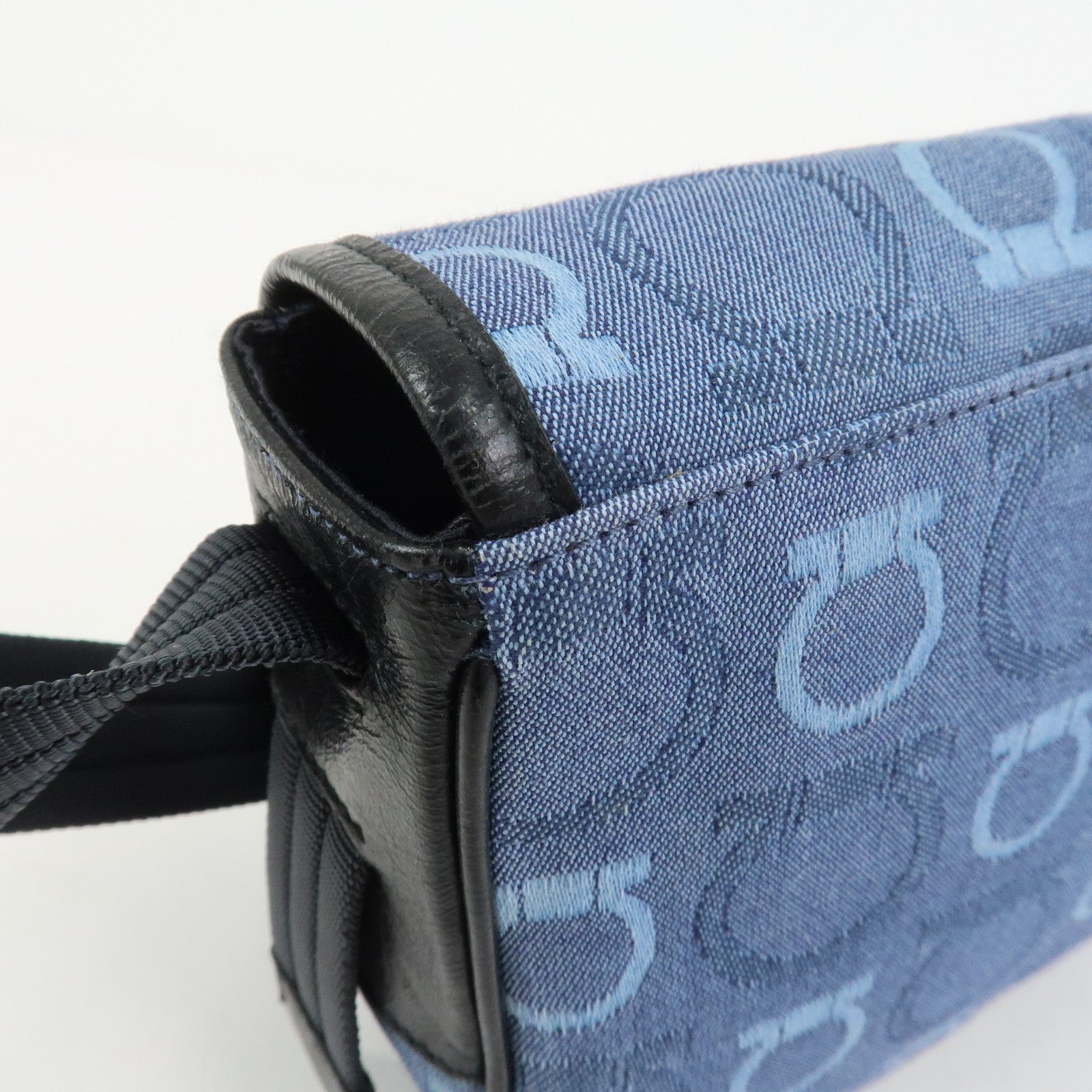 Ferragamo Gancini Canvas Leather Shoulder Bag Blue Black