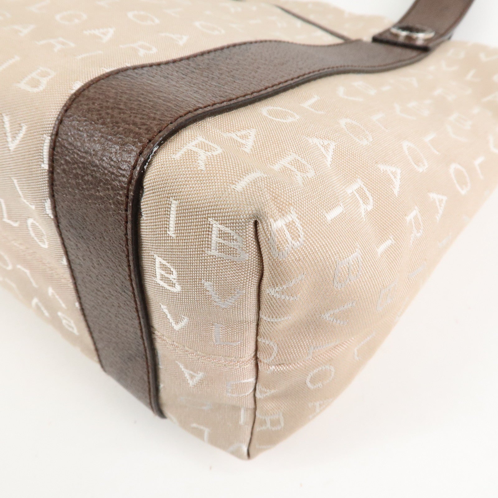 BVLGARI Logo Mania Canvas Leather Tote Bag Beige Dark Brown Silver HDW Used