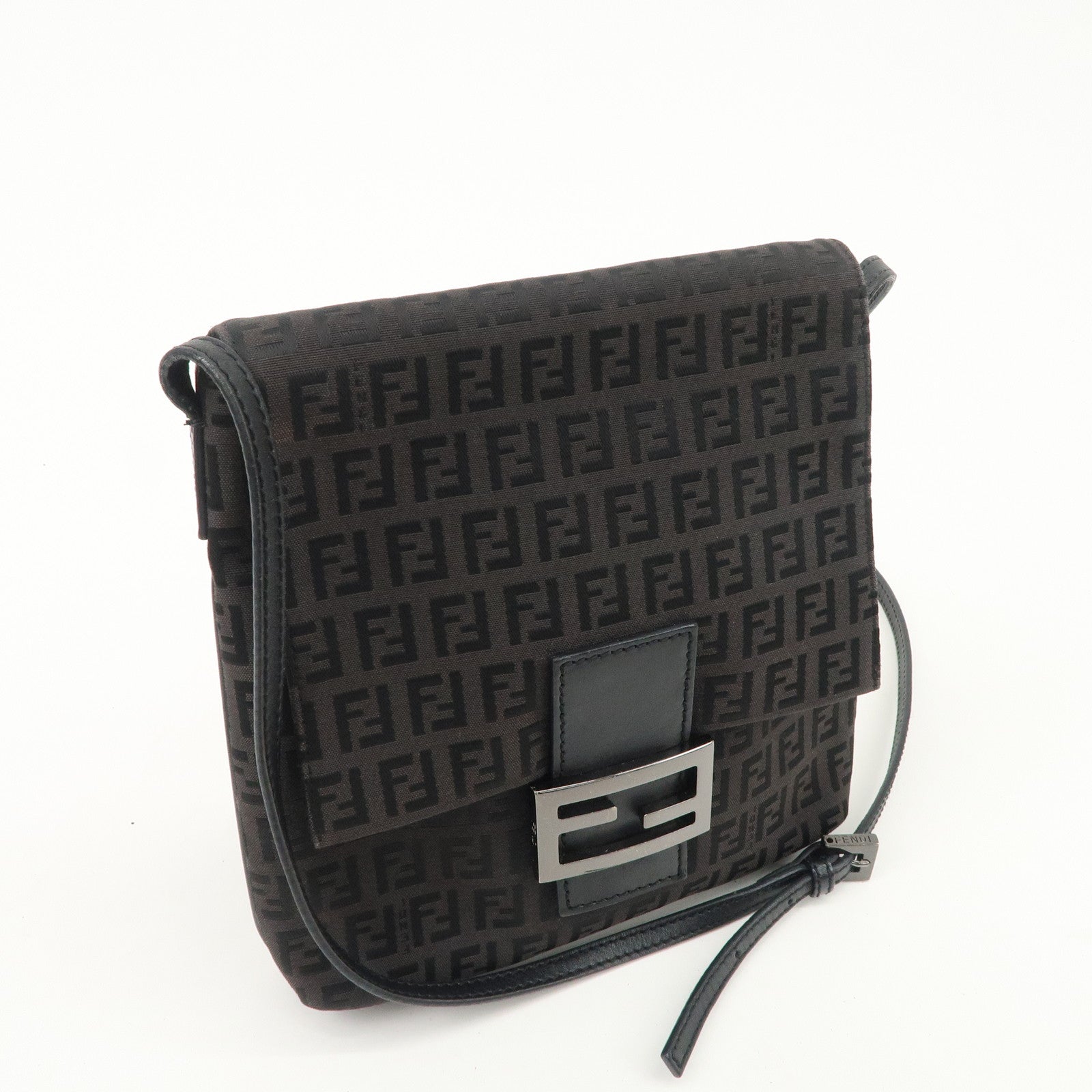 FENDI Zucchino Canvas Leather Shoulder Bag Dark Brown 8BT075 Used