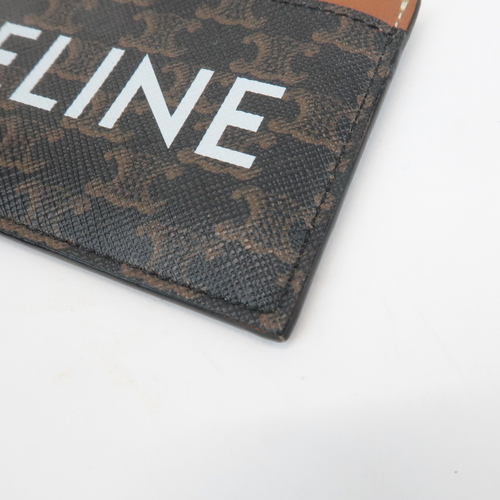 CELINE Leather Canvas Triomphe Card Case Black Brown 10B702CLY
