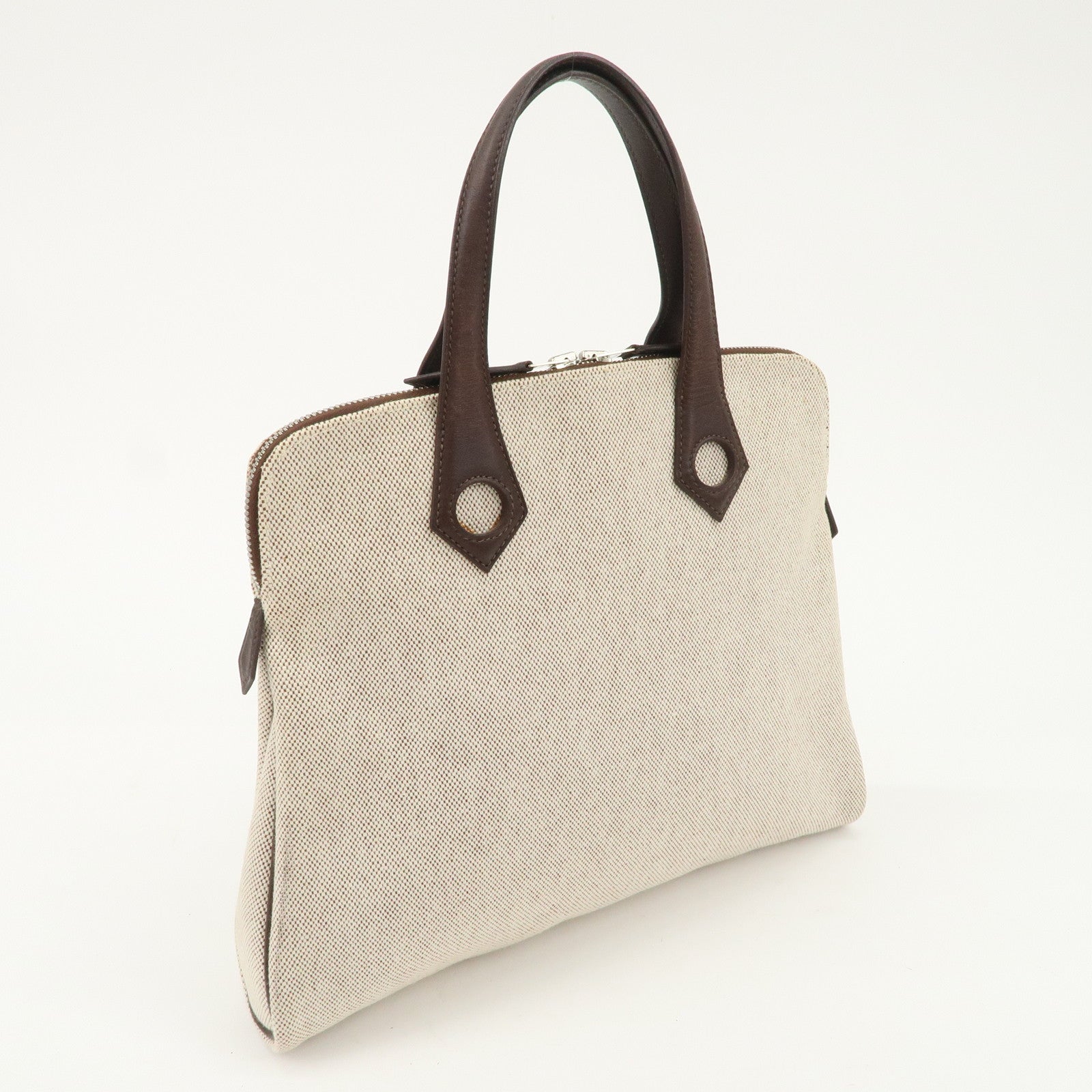 HERMES Leather Toile Ash Sac Eve MM J Engraved Hand Bag Natural