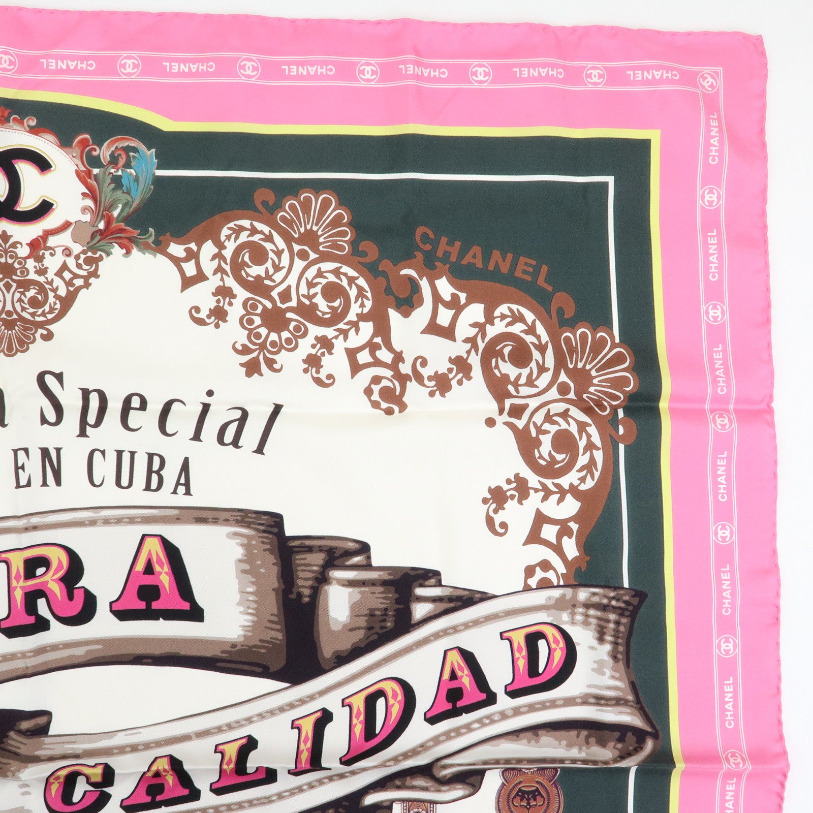 CHANEL Silk100% Scarf Paris Cuba Collection Pink Black Brown