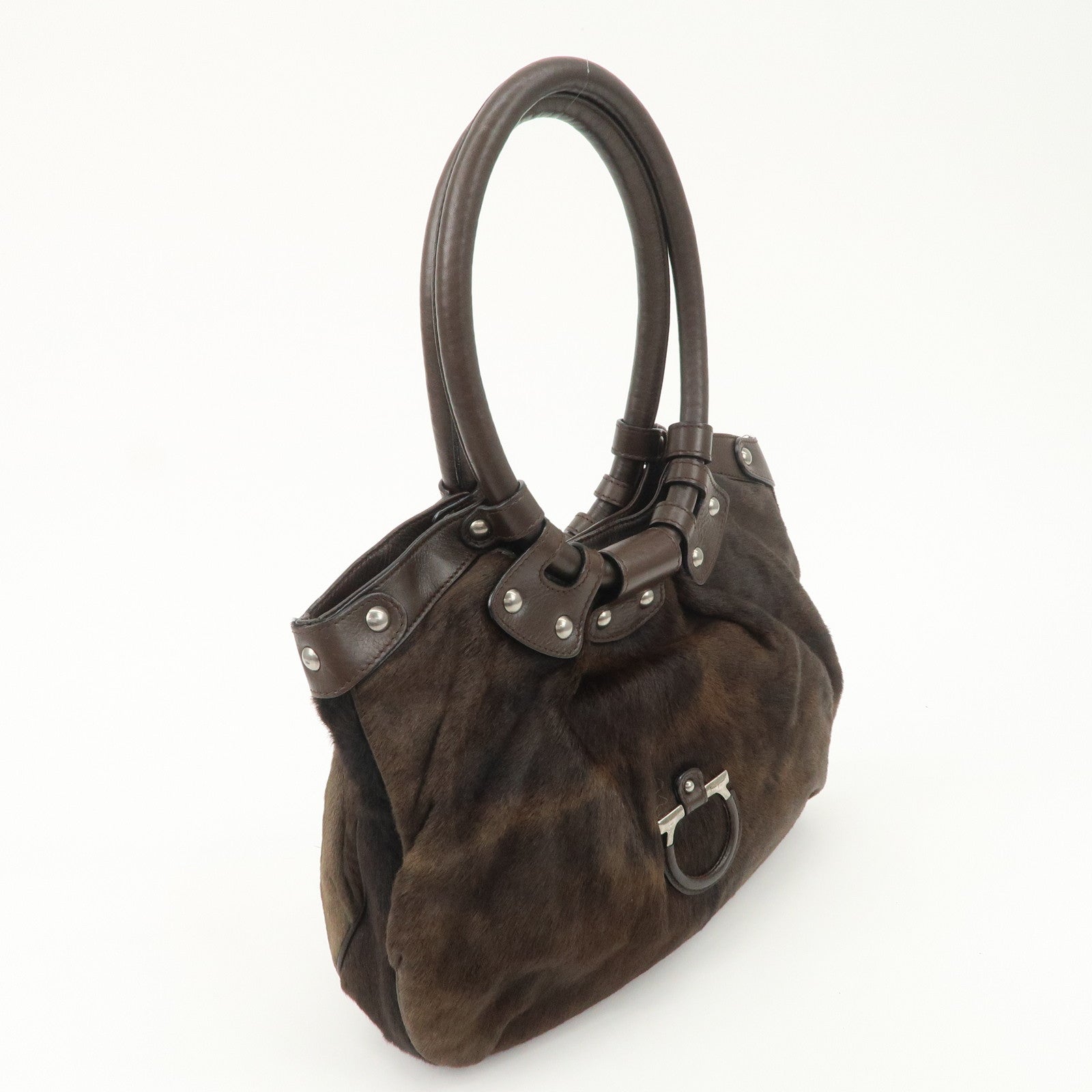 Ferragamo Gancini Unborn Calf Leather Hand Bag Dark Brown Used