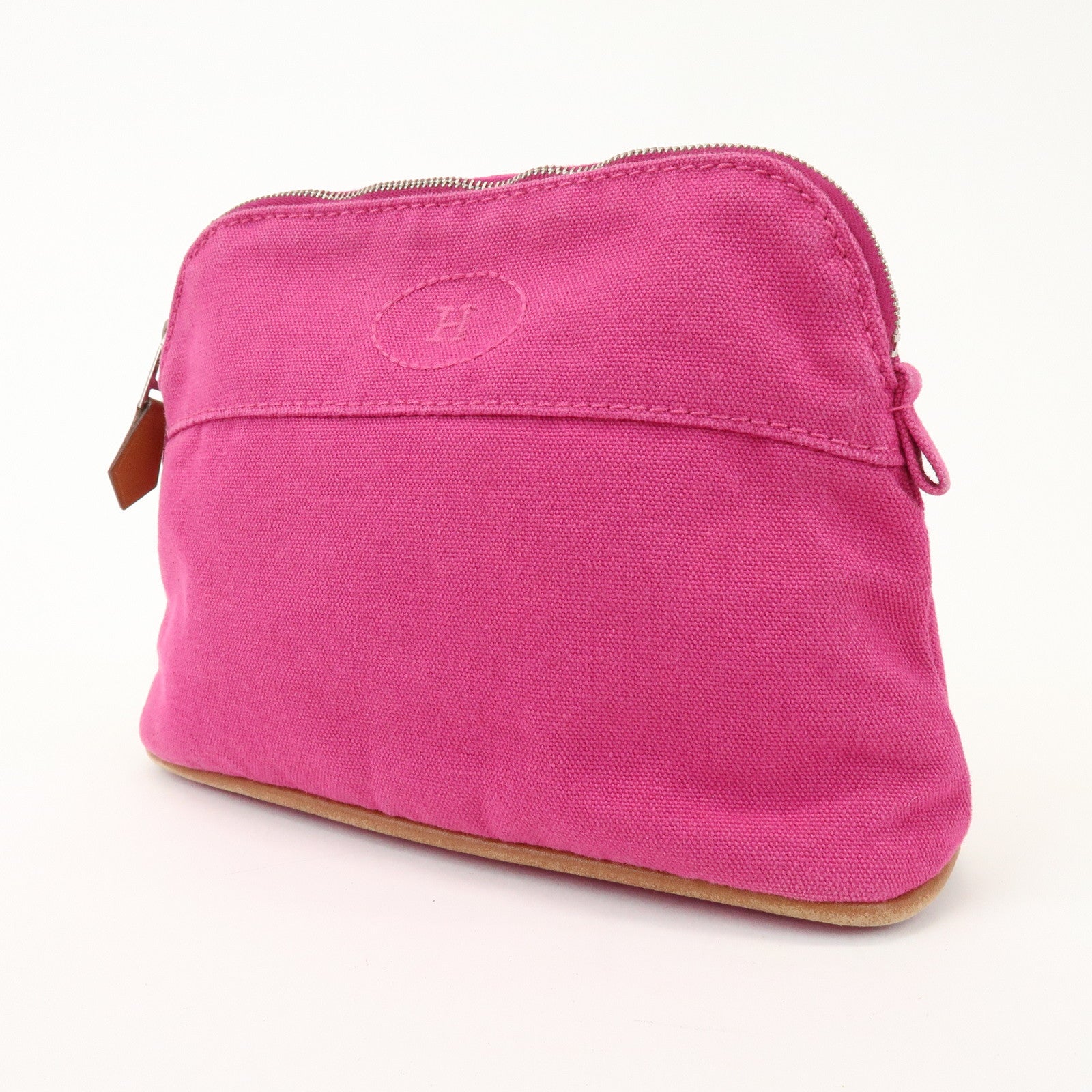 HERMES Logo Cotton Leather Bolide Pouch Mini Cosmetic Pouch Pink