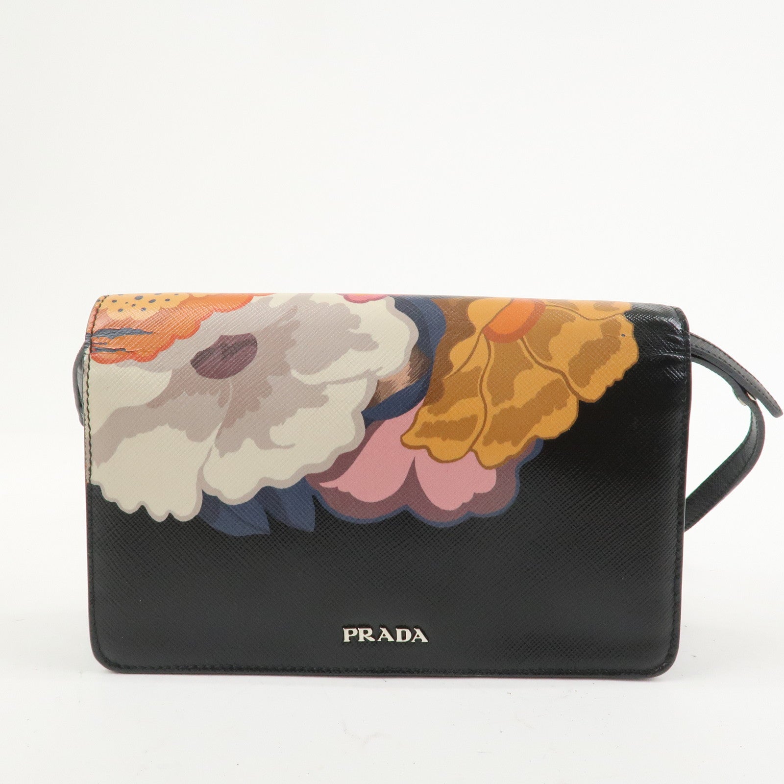 PRADA Flower Print Saffiano Leather Shoulder Bag Hand Bag Black