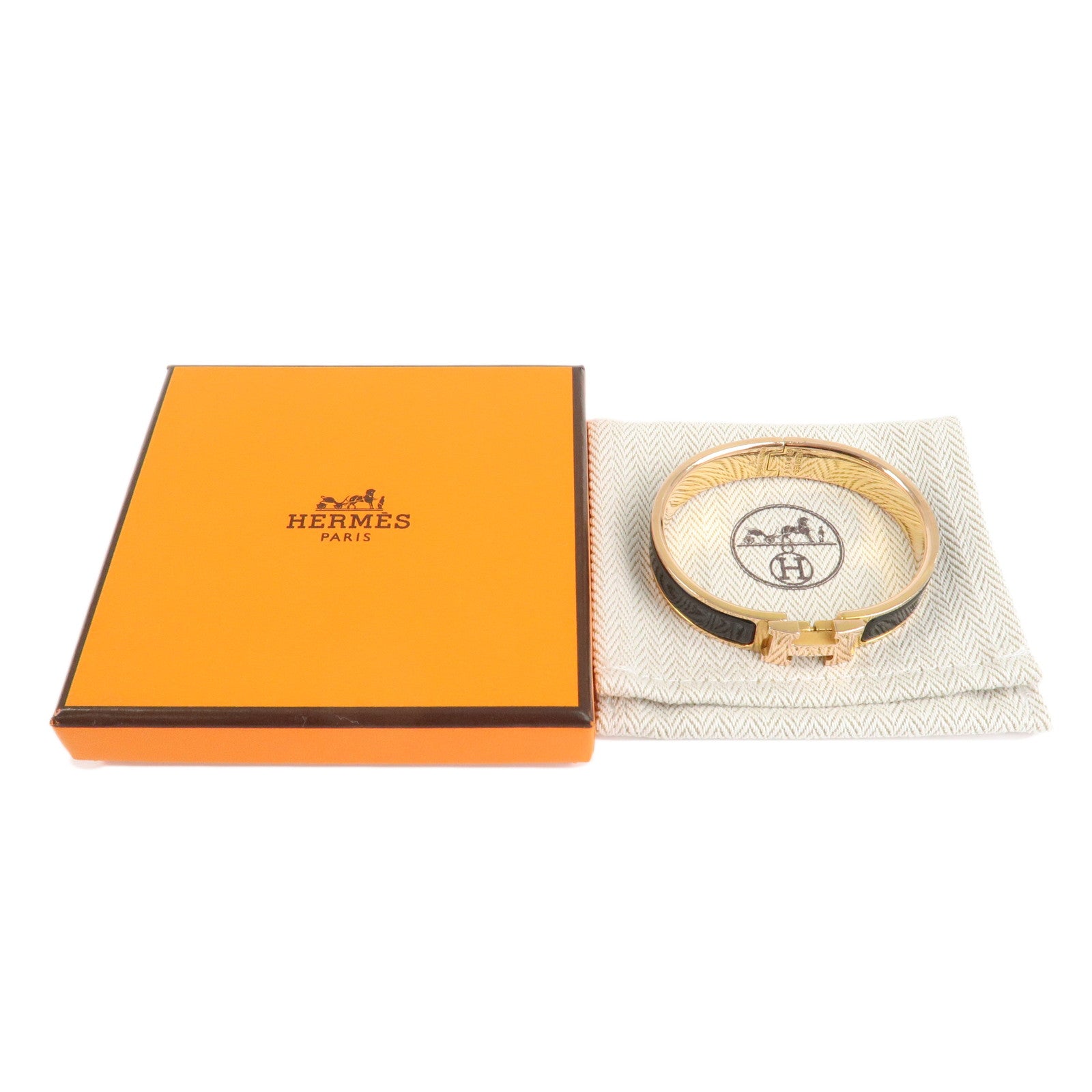 HERMES Clic Clac PM H Logo Bangle Bracelet Gold Black Used