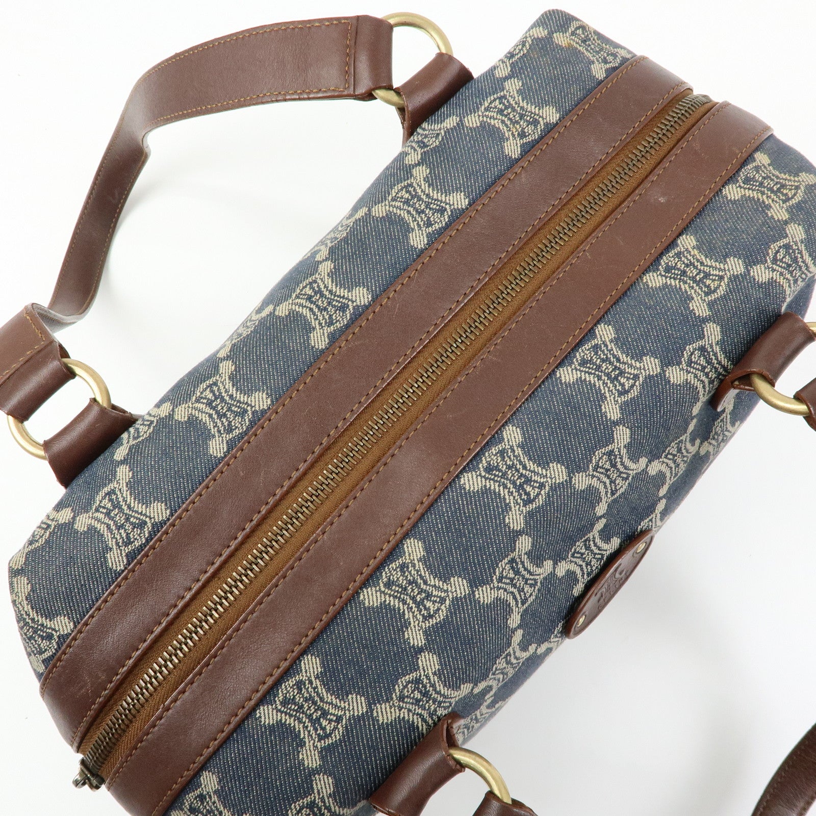 CELINE Macadam Denim Leather Shoulder Bag Hand Bag Blue Brown