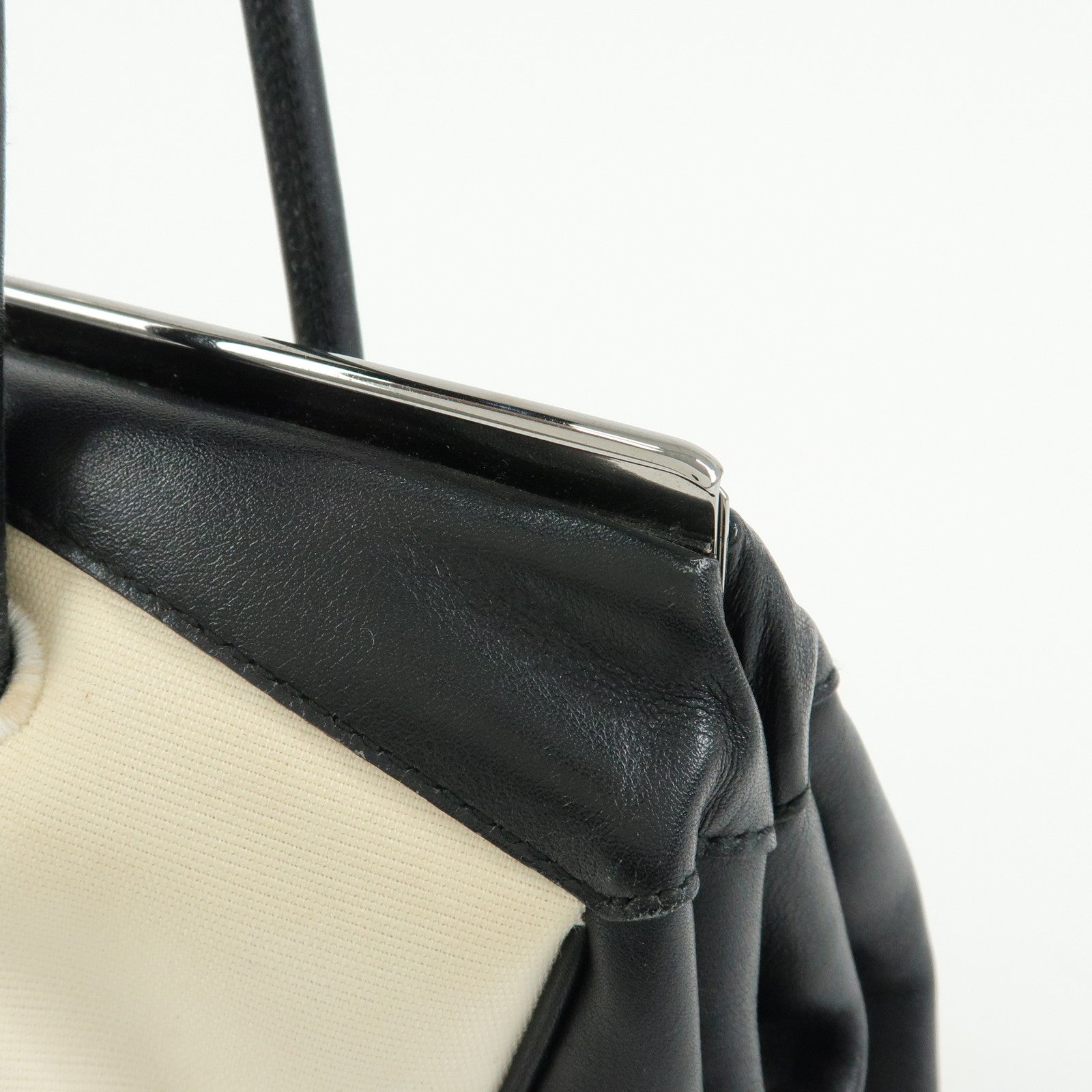 GUCCI Canvas Leather Hand Bag Ivory Black 92726