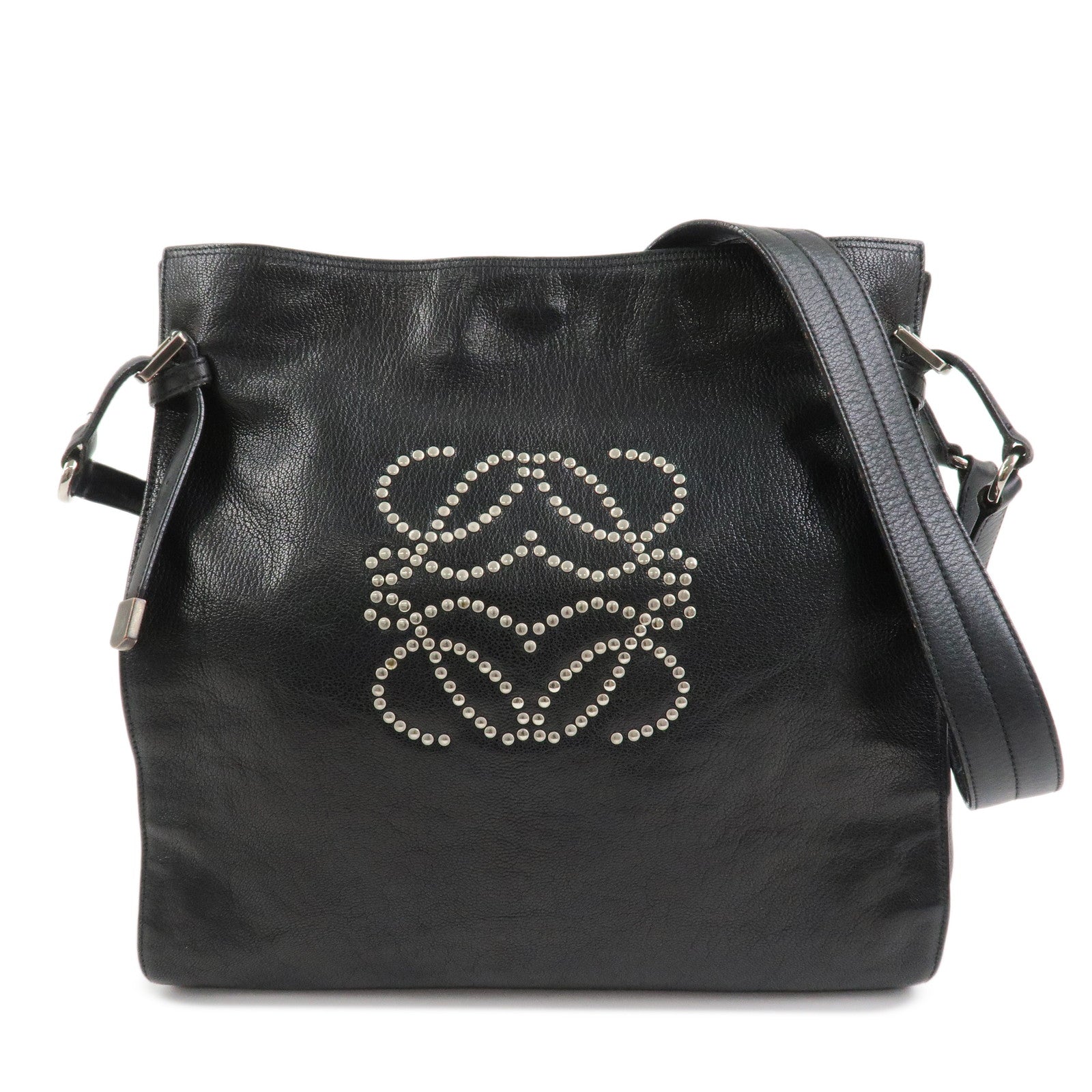 LOEWE Anagram Studs Logo Leather Shoulder Bag Crossbody Bag Black