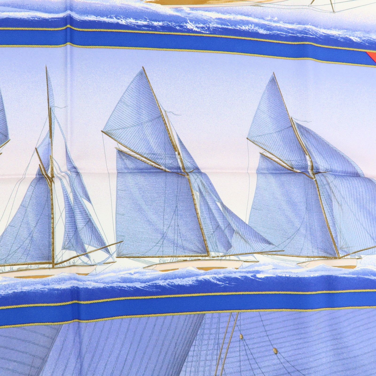 HERMES Carre 90 Silk 100% Scarf RAFALES Ship Print Blue Red