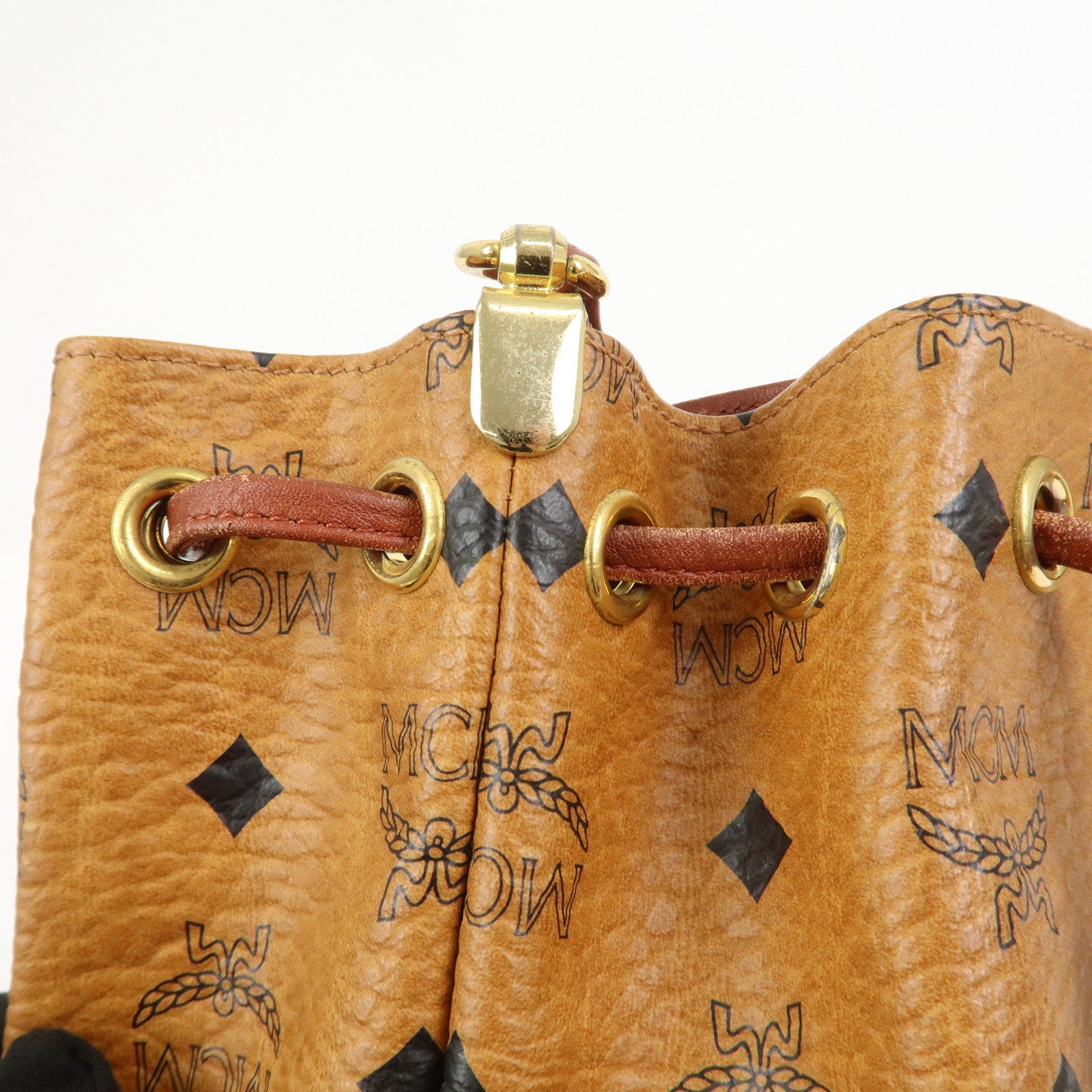 MCM Visetos Leather Drawstring Shoulder Bag Brown