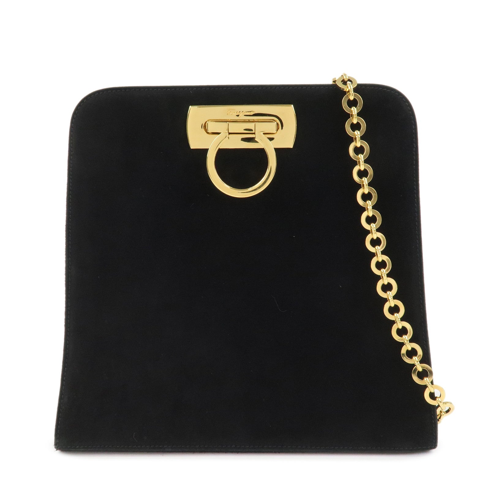 Ferragamo Gancini Suede Chain Shoulder Bag Crossbody Bag Black