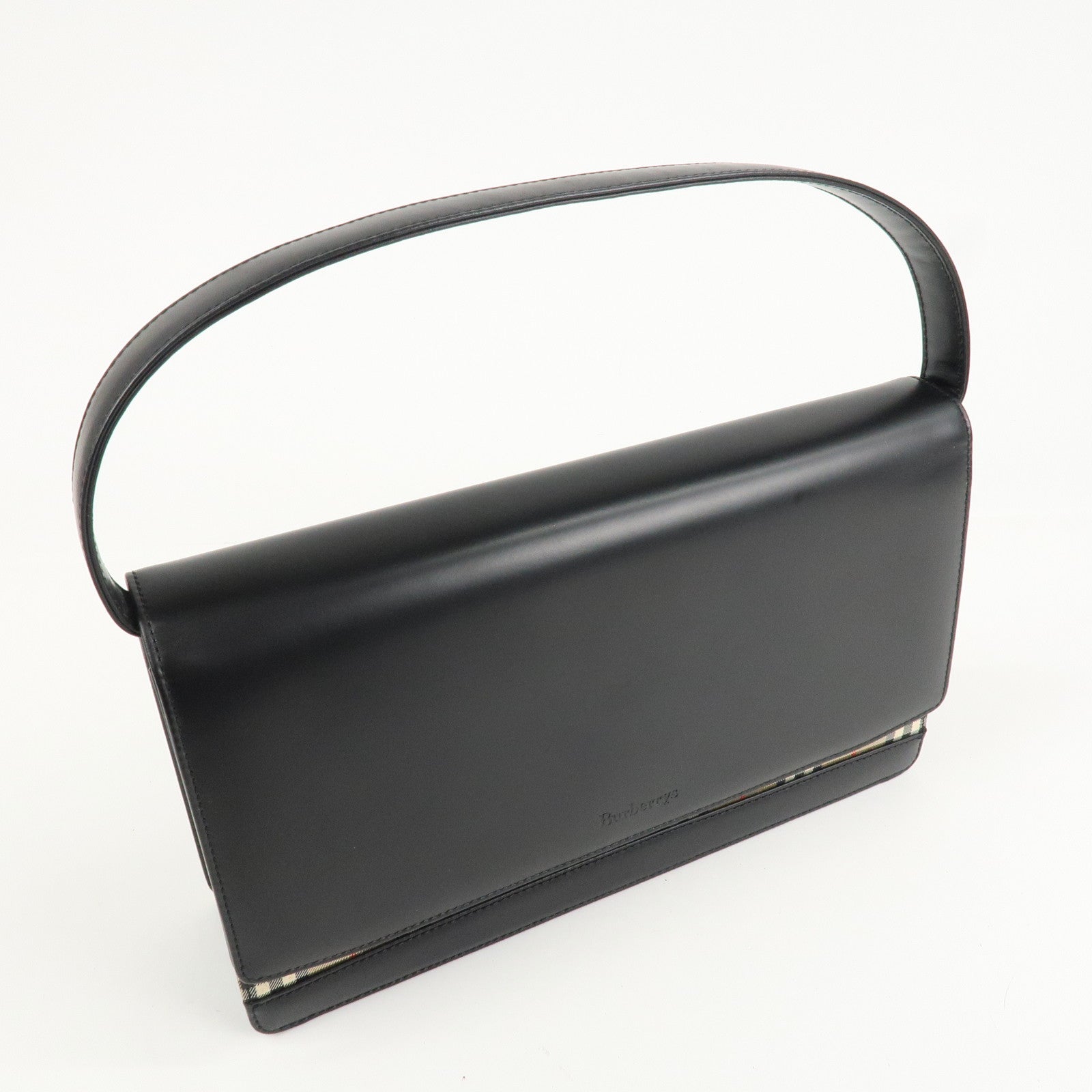 BURBERRY Nova Plaid PVC Leather Shoulder Bag Hand Bag Black Beige Used