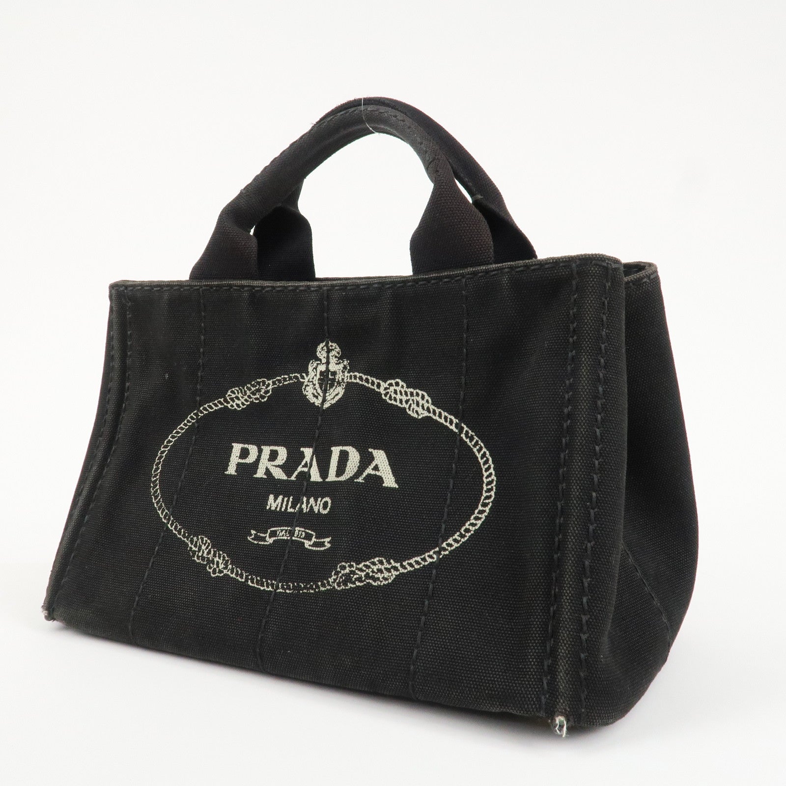 PRADA Logo Canapa Mini Canvas Tote Bag Hand Bag Black BN2439 Used