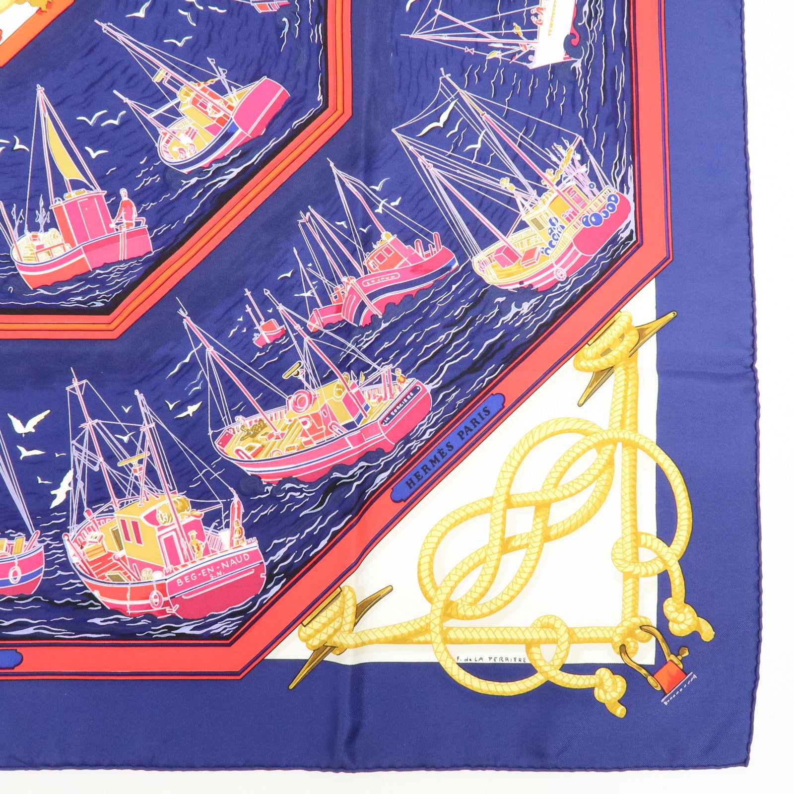 HERMES Carre 90 Silk100% Scarf RETOUR DE PECHE Blue Red Gold