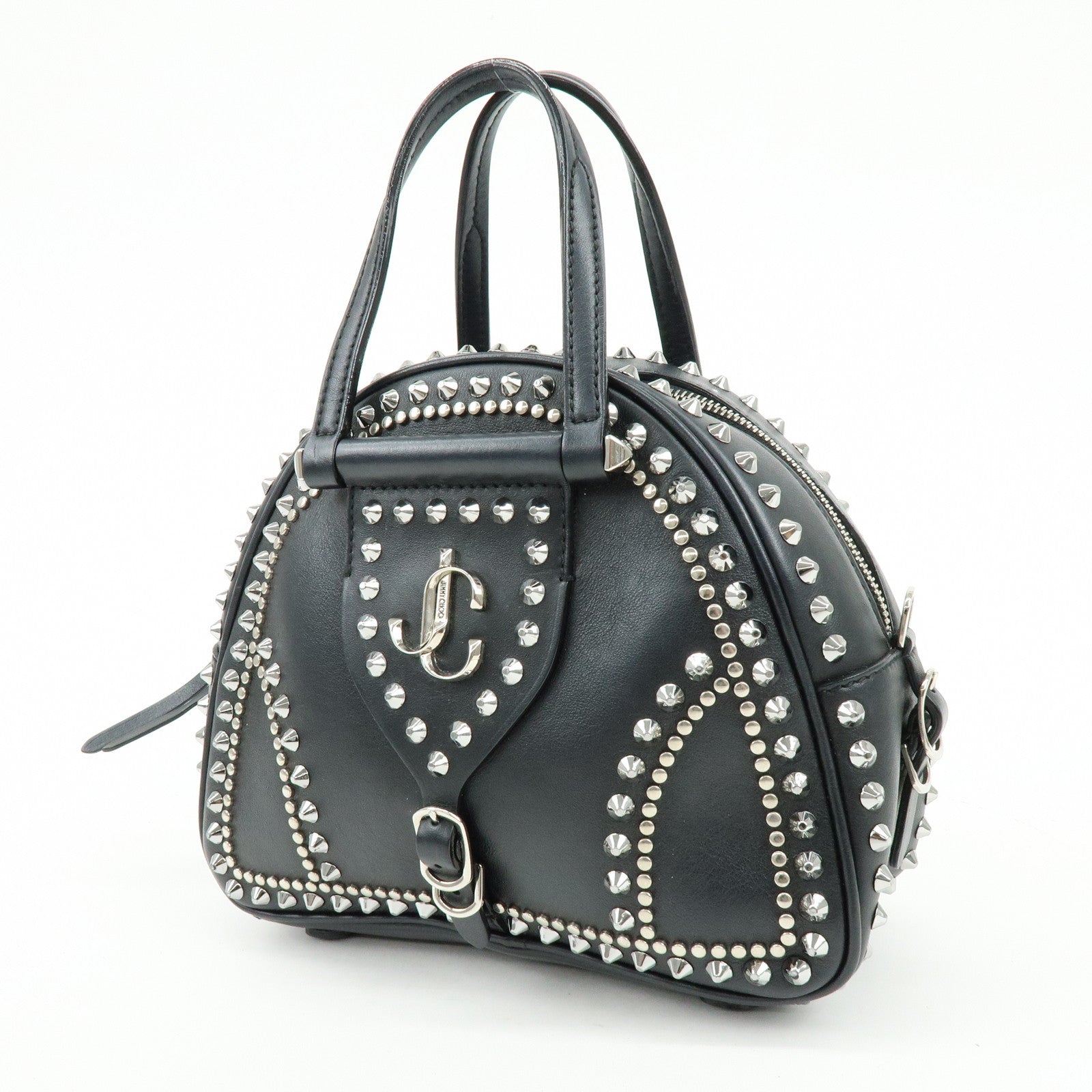 JIMMY CHOO Varenne Leather Bowling Bag Hand Bag Studs Black