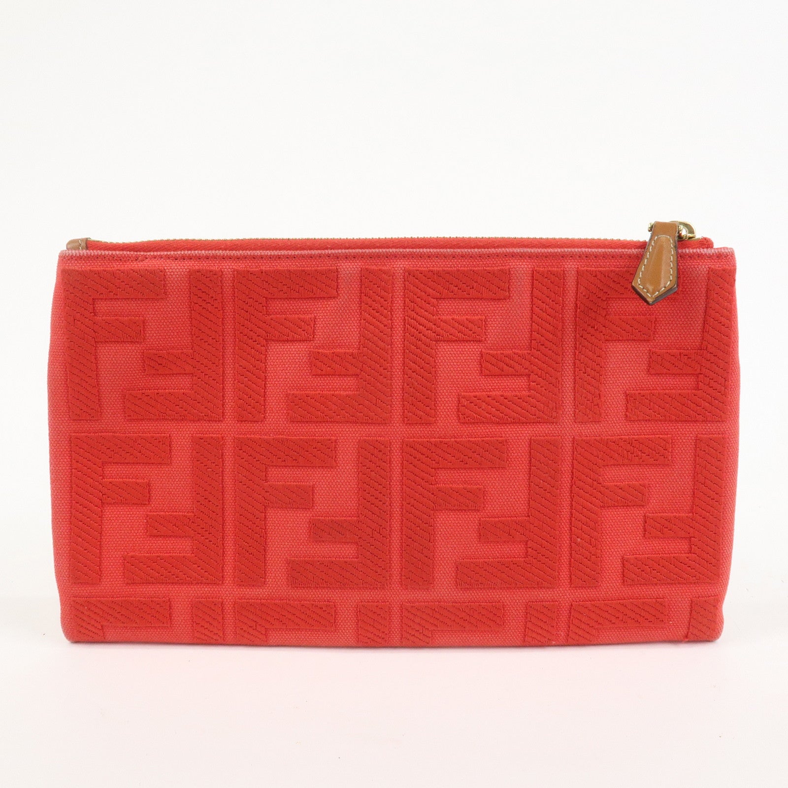 FENDI Zucca Canvas Leather Clutch Bag Cosmetic Bag Red 8N0148