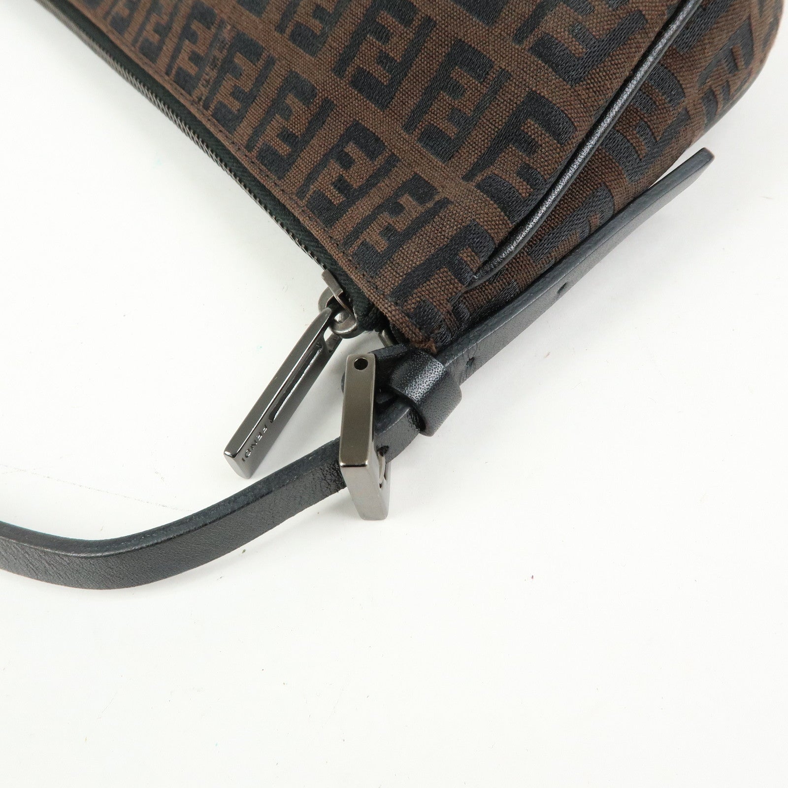 FENDI Zucchino Canvas Leather Hand Bag Brown Black 8BR1440