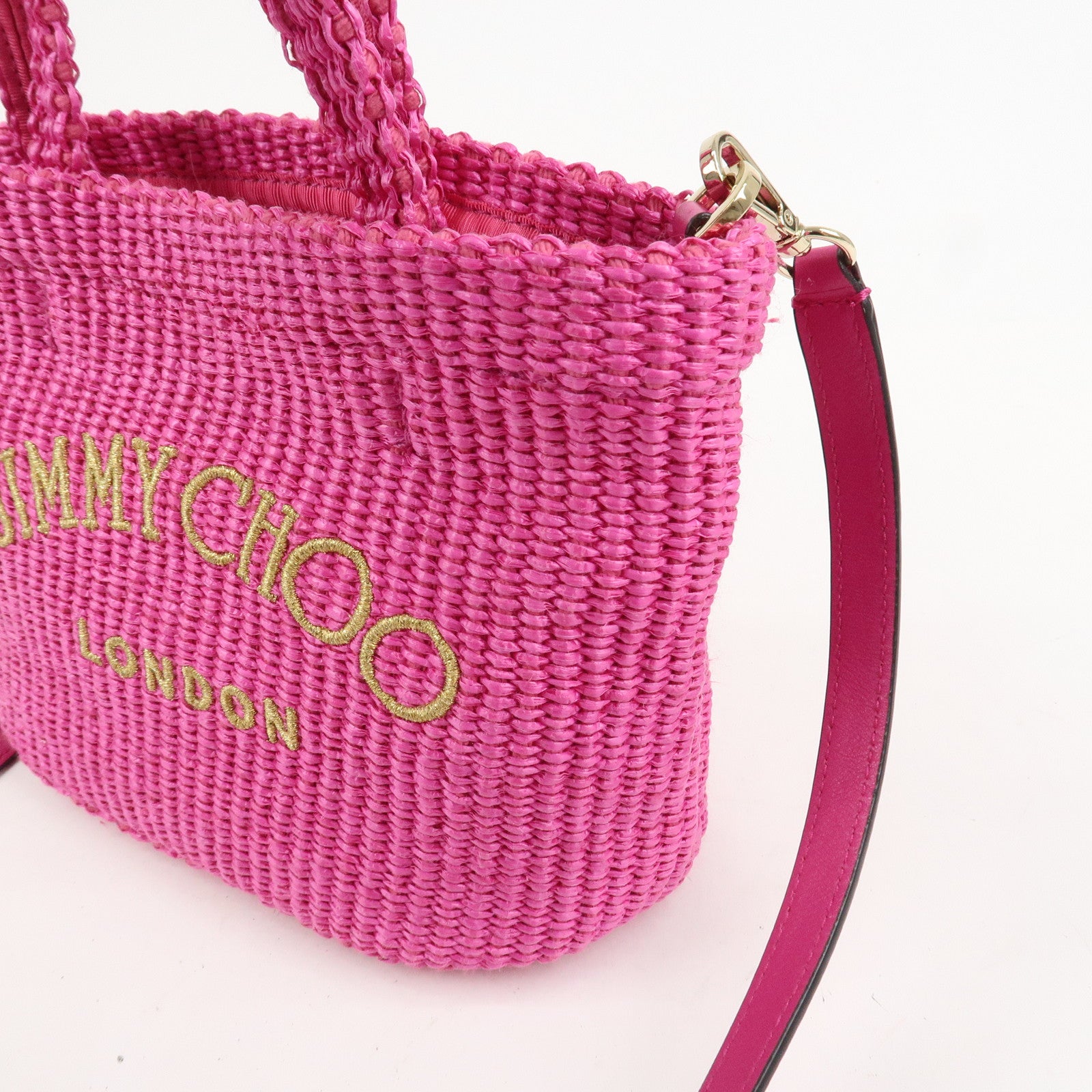 JIMMY CHOO Leather Raffia Beach West East 2 Way Bag Mini Tote Bag