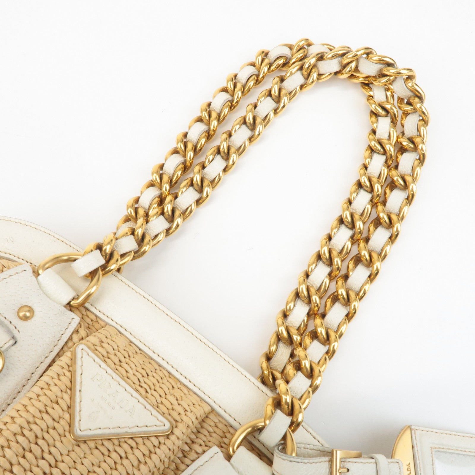 PRADA Triangle Leather Raffia Shoulder Bag Straw Bag Beige BR3693 Used