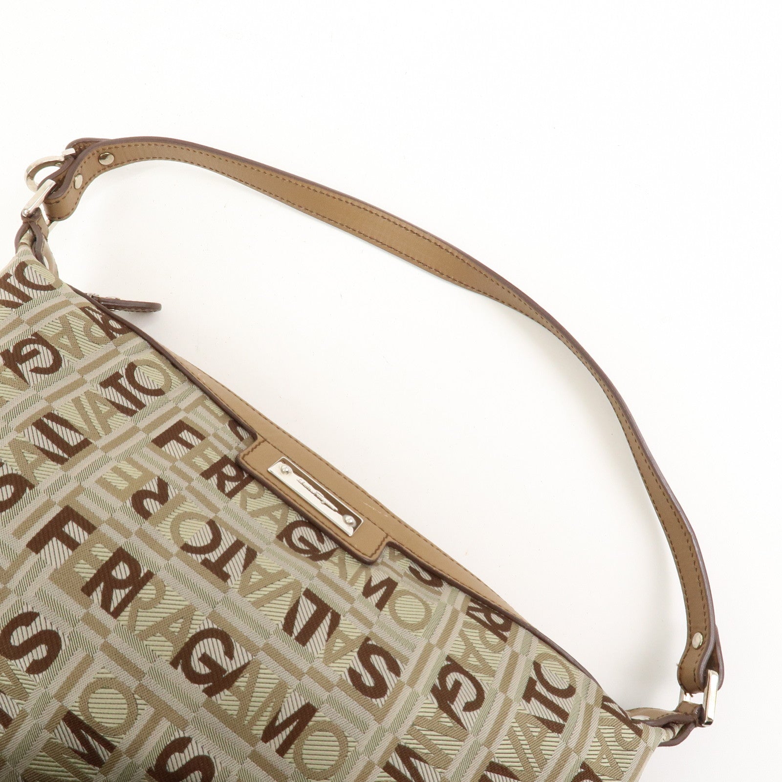 Ferragamo Logo Canvas Leather Hand Bag Shoulder Bag Beige Brown