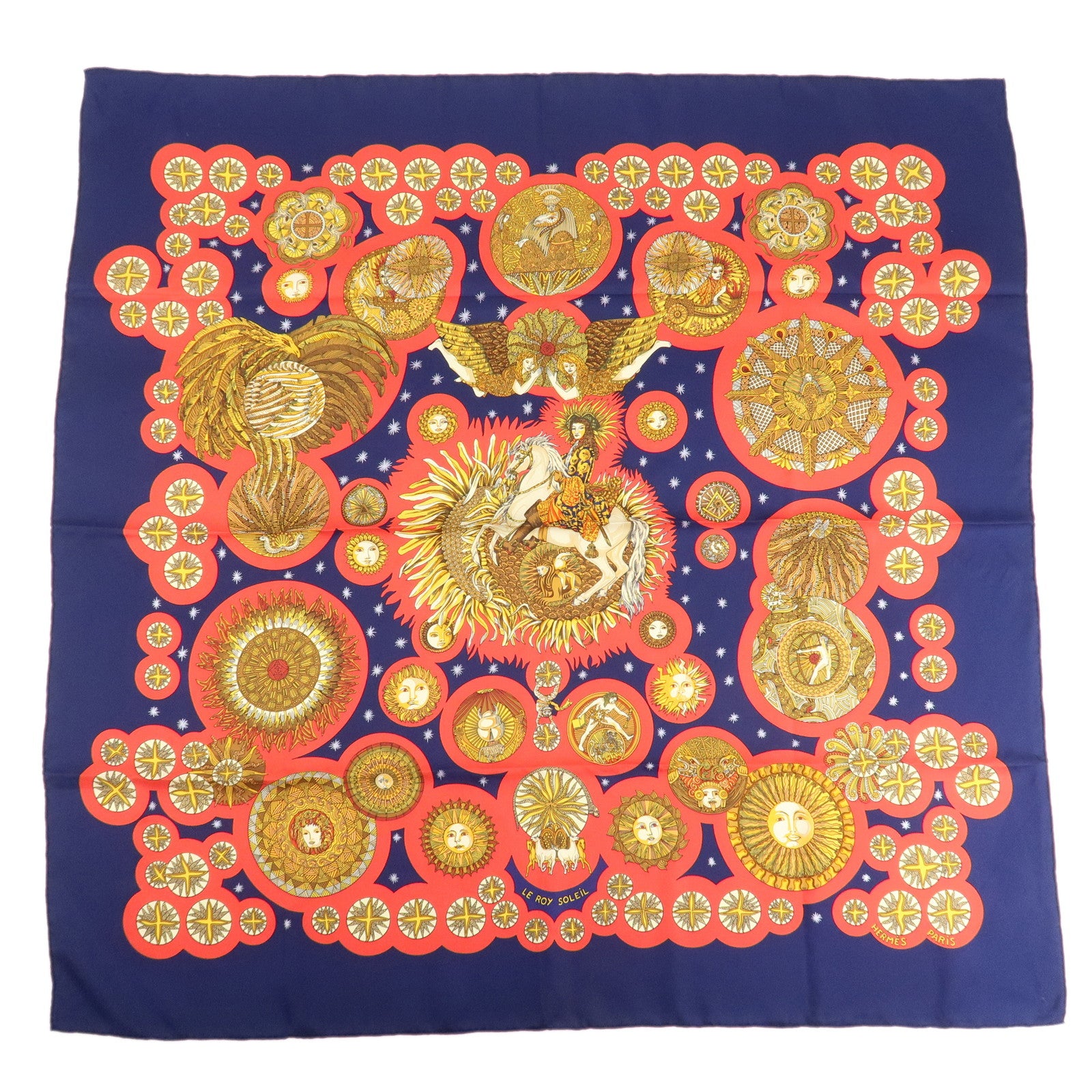 HERMES Pleats Carre Silk 100% Scarf Le Roy Soleil Navy Red Used