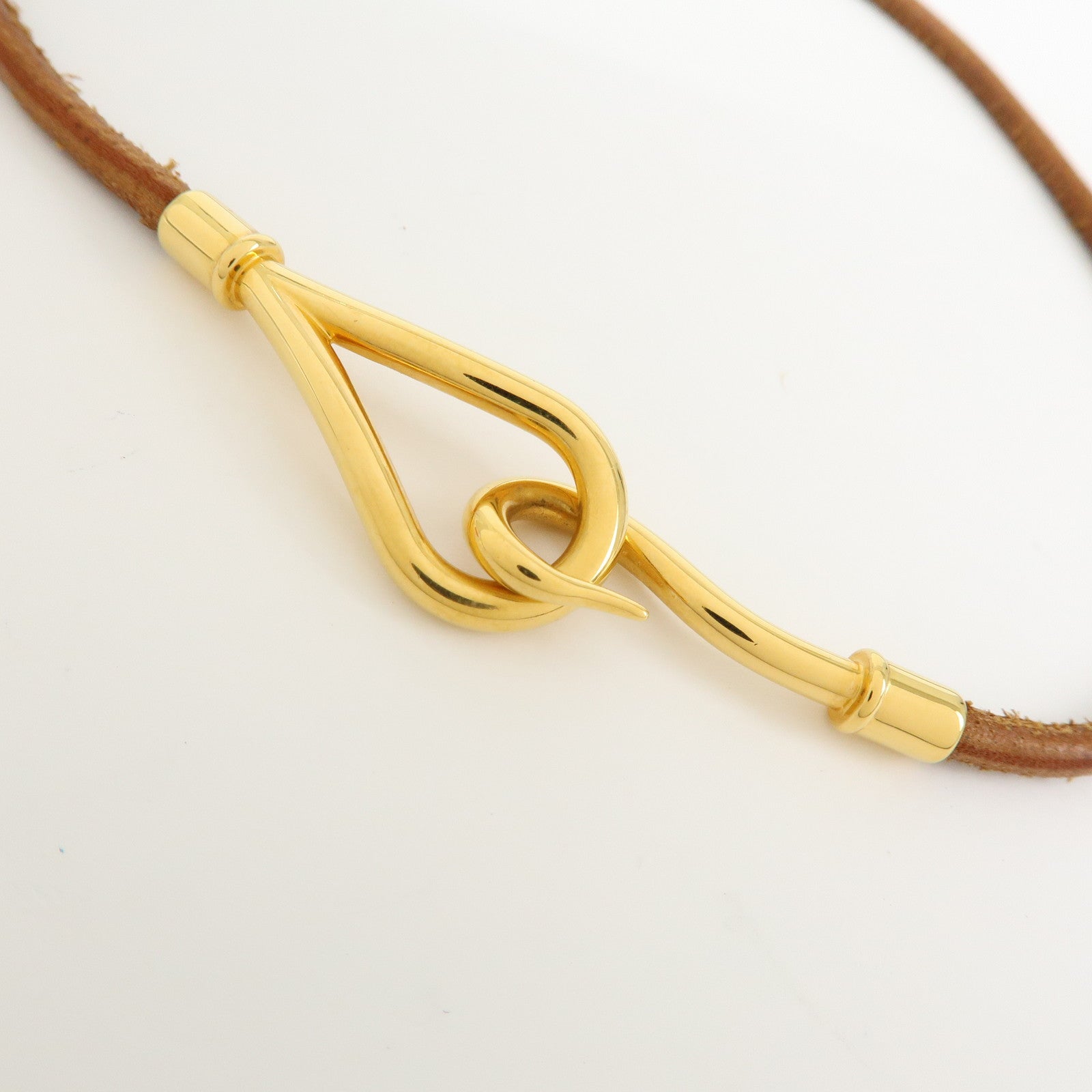 HERMES Jumbo Hook Double Tour Leather Choker Bracelet Brown Gold