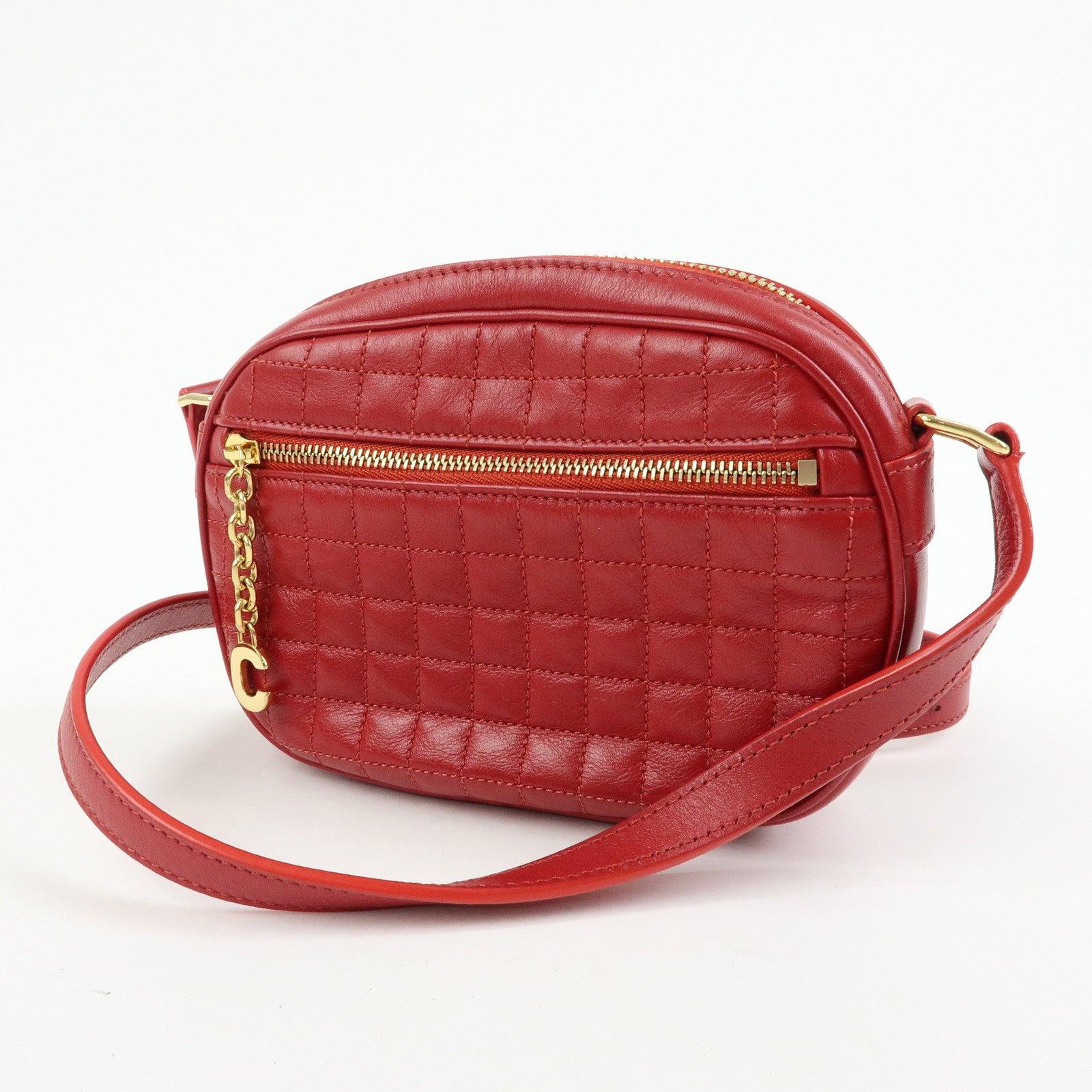CELINE Leather Shoulder Bag Crossbody Bag C Charm Red