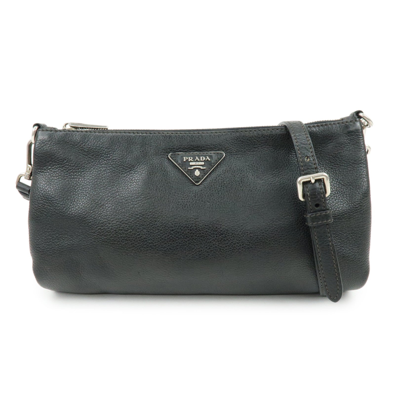 PRADA Triangle Logo Vitello Daino Leather Shoulder Bag Black 1BH997