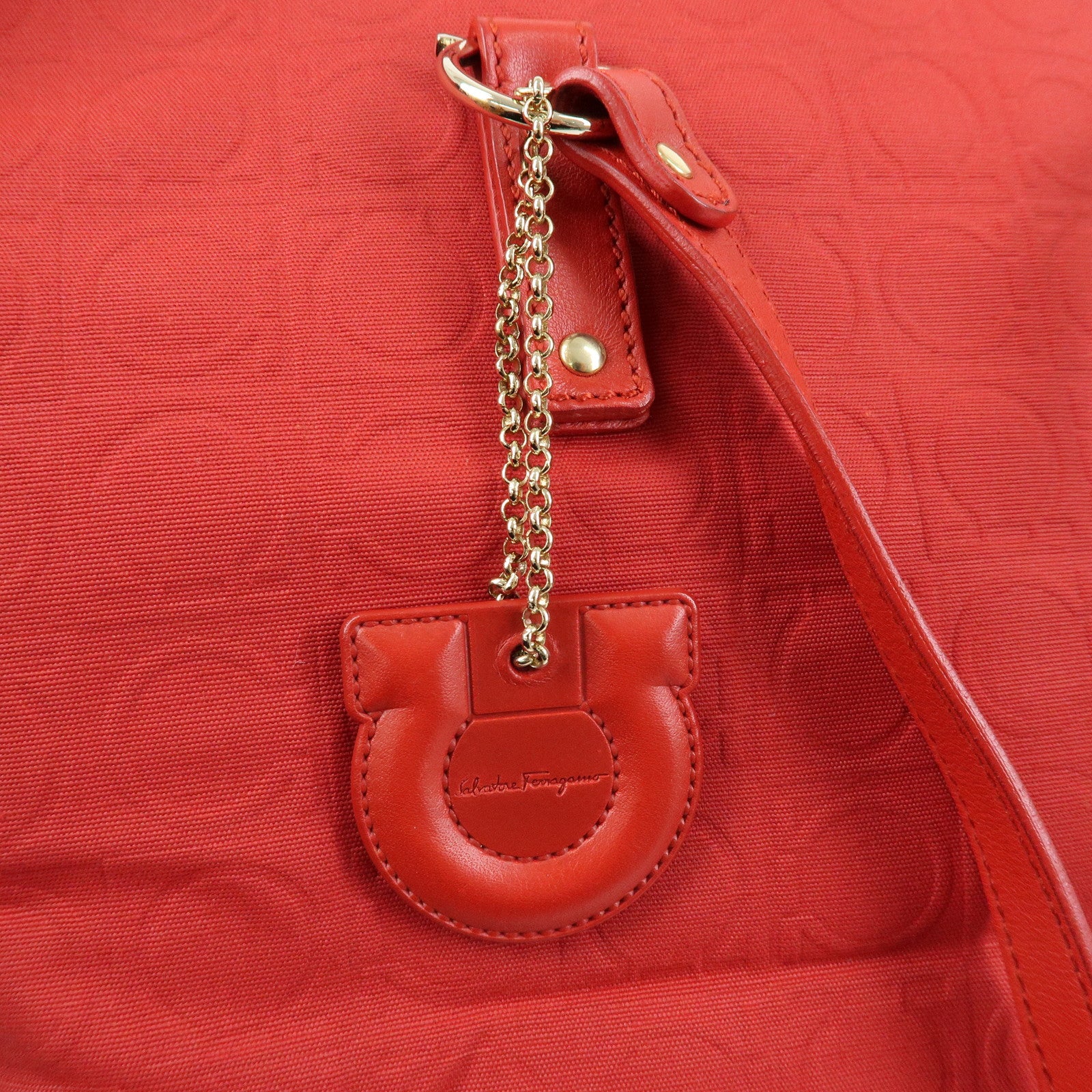 Ferragamo Gancini Canvas Leather Tote Shoulder Bag OSAKA 2004 Red