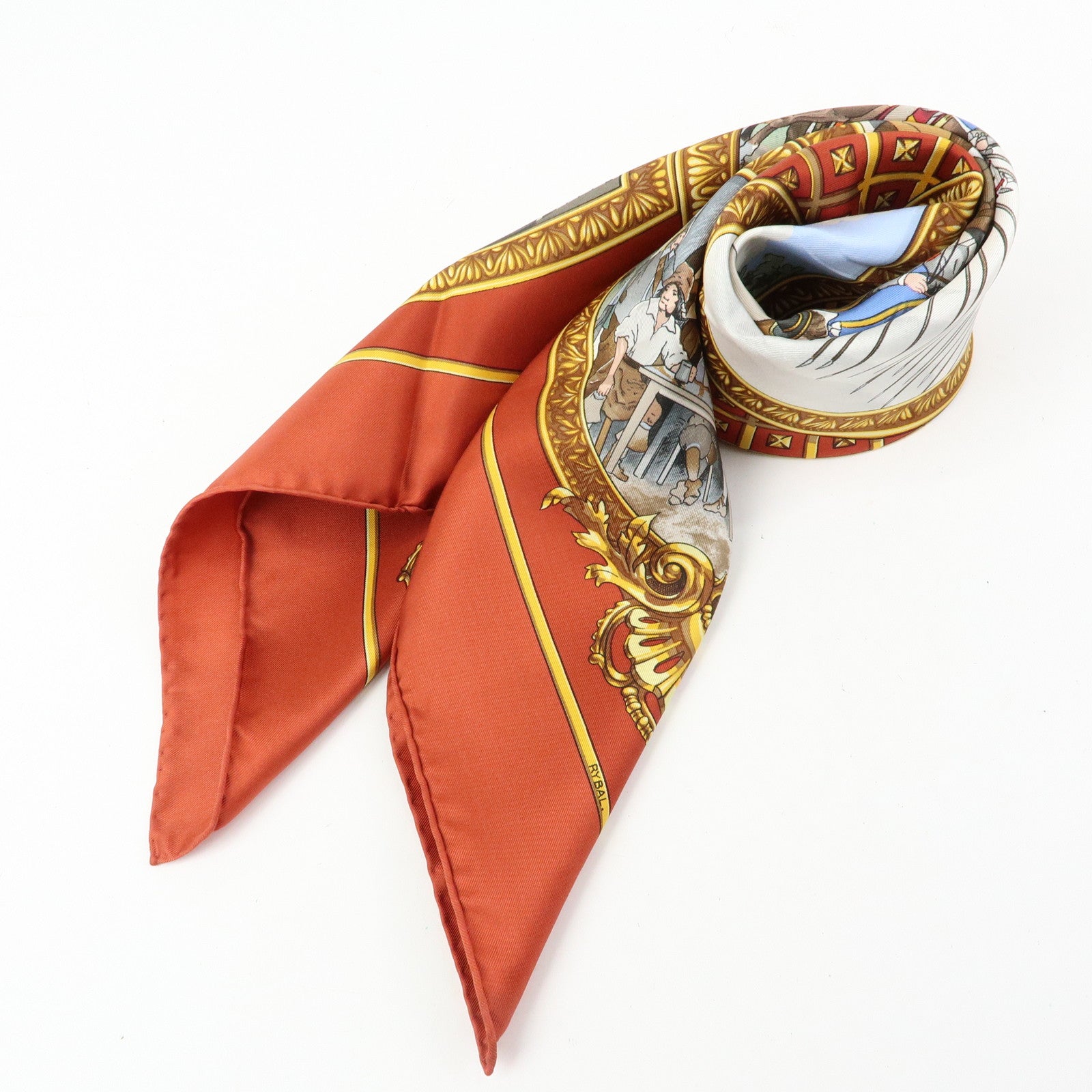 HERMES Carre 90 Silk 100% Scarf Les Trois Mousquetaires Brown Gold