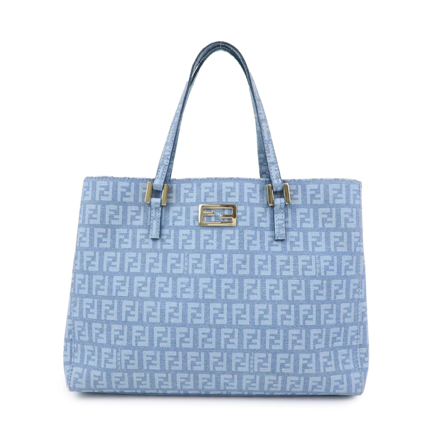 FENDI Logo Zucchino PVC Hand Bag Tote Bag Light Blue 8BH132